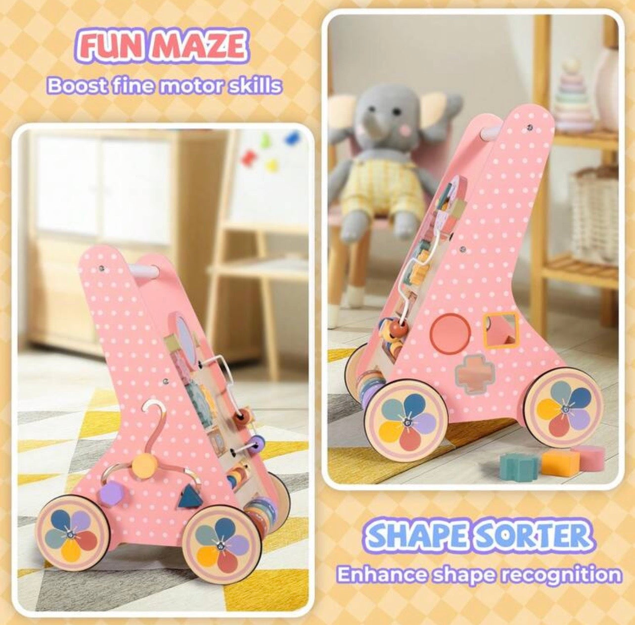 TidyMini™ Montessori Wooden Baby Push Walker & Activity Center