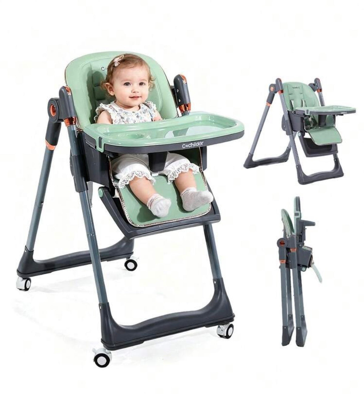 TidyMini™ FlexFold Adjustable High Chair — Reclining, Foldable & Rolling with Removable Double Tray