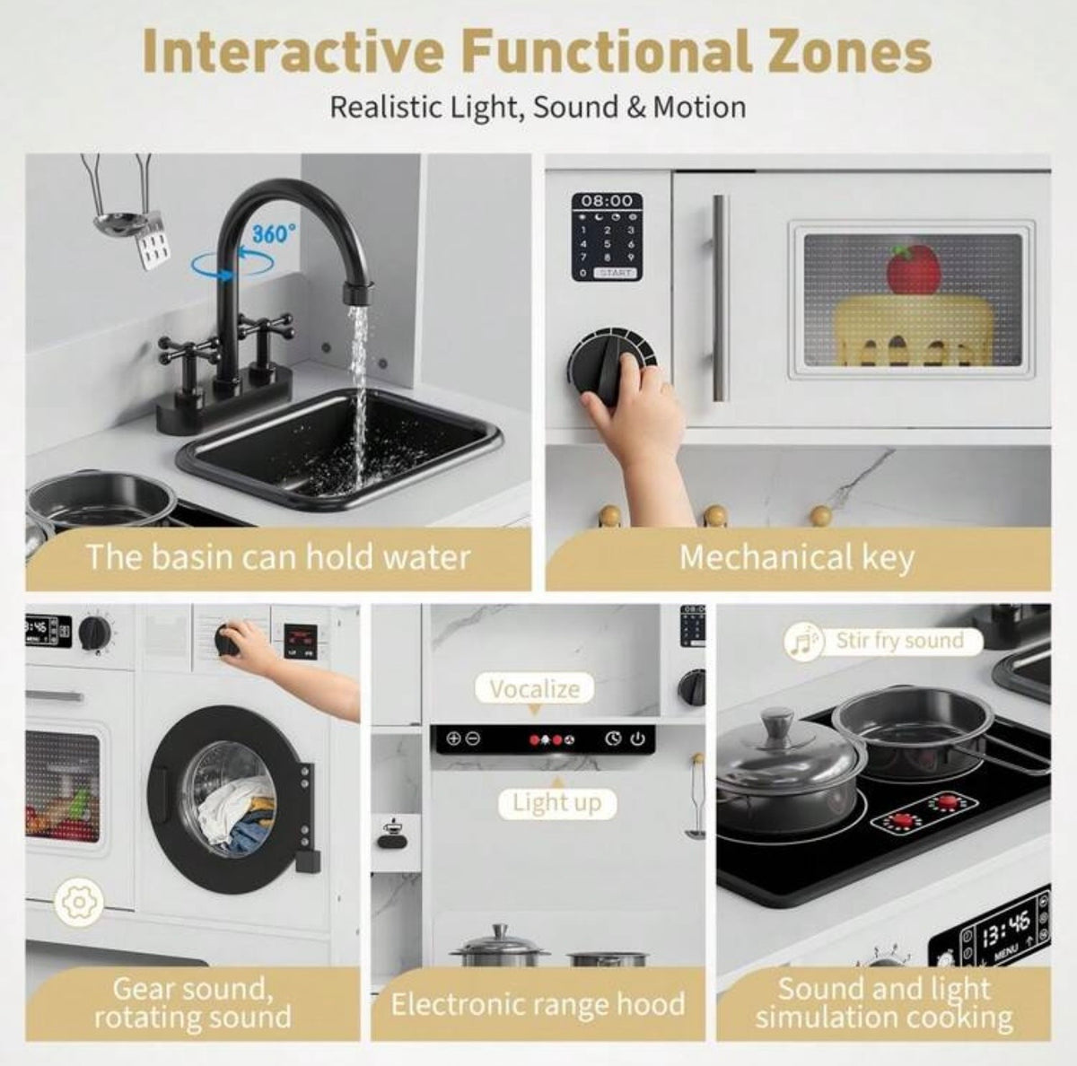 TidyMini™ LittleChef Luxe Play Kitchen Set – Interactive Wooden Kids Kitchen with Coffee Bar, Ice Dispenser, Oven, Sink & Washing Machine