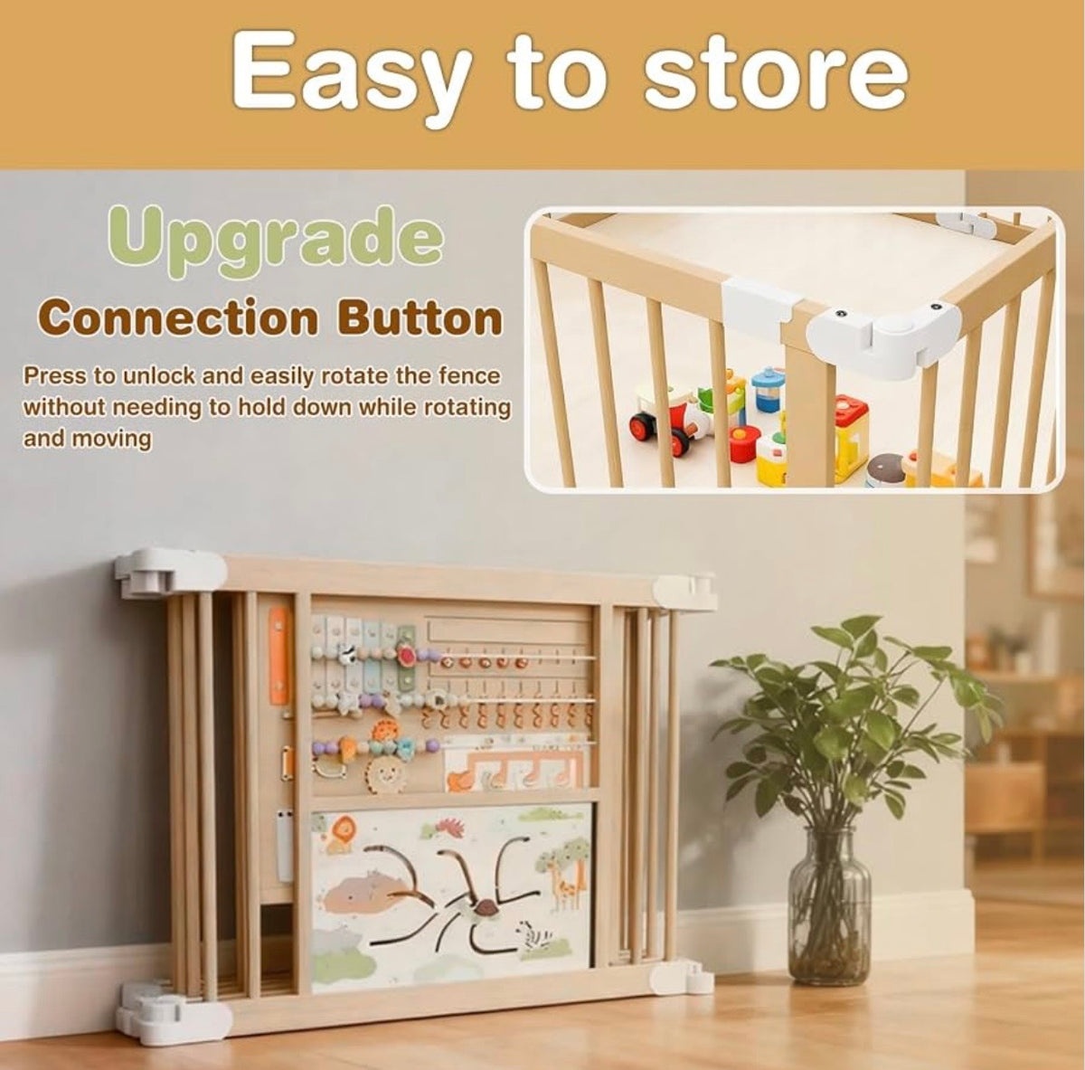 TidyMini™ WonderNest Wooden Activity Playpen — Foldable Baby Play Yard with Interactive Learning Panels