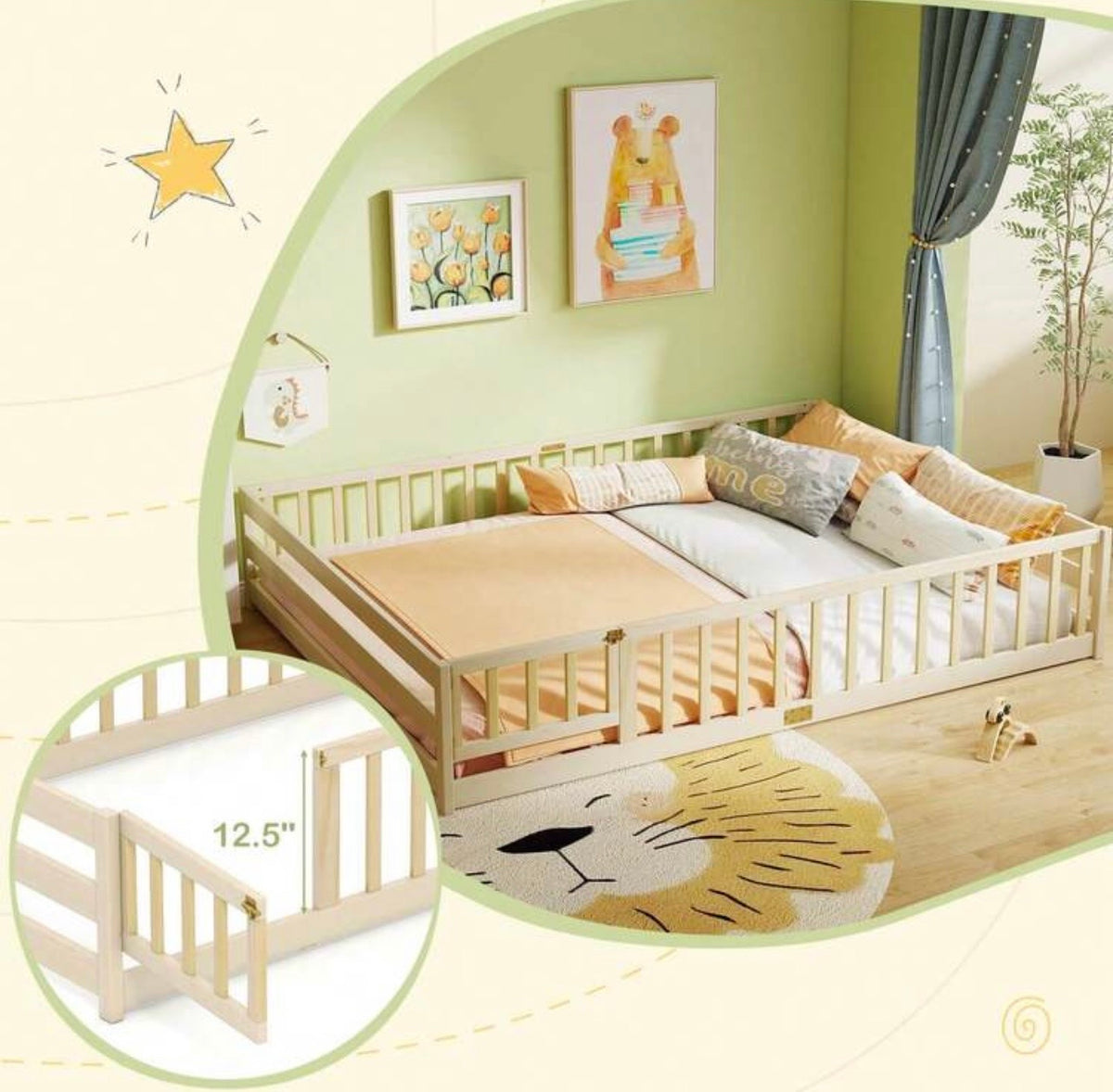 TidyMini DreamHaven™ Queen Floor Bed with Guardrails & Removable Door