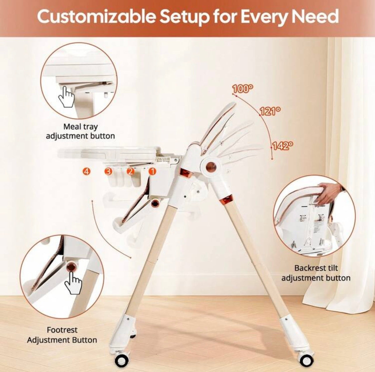TidyMini™ FlexFold Adjustable High Chair — Reclining, Foldable & Rolling with Removable Double Tray