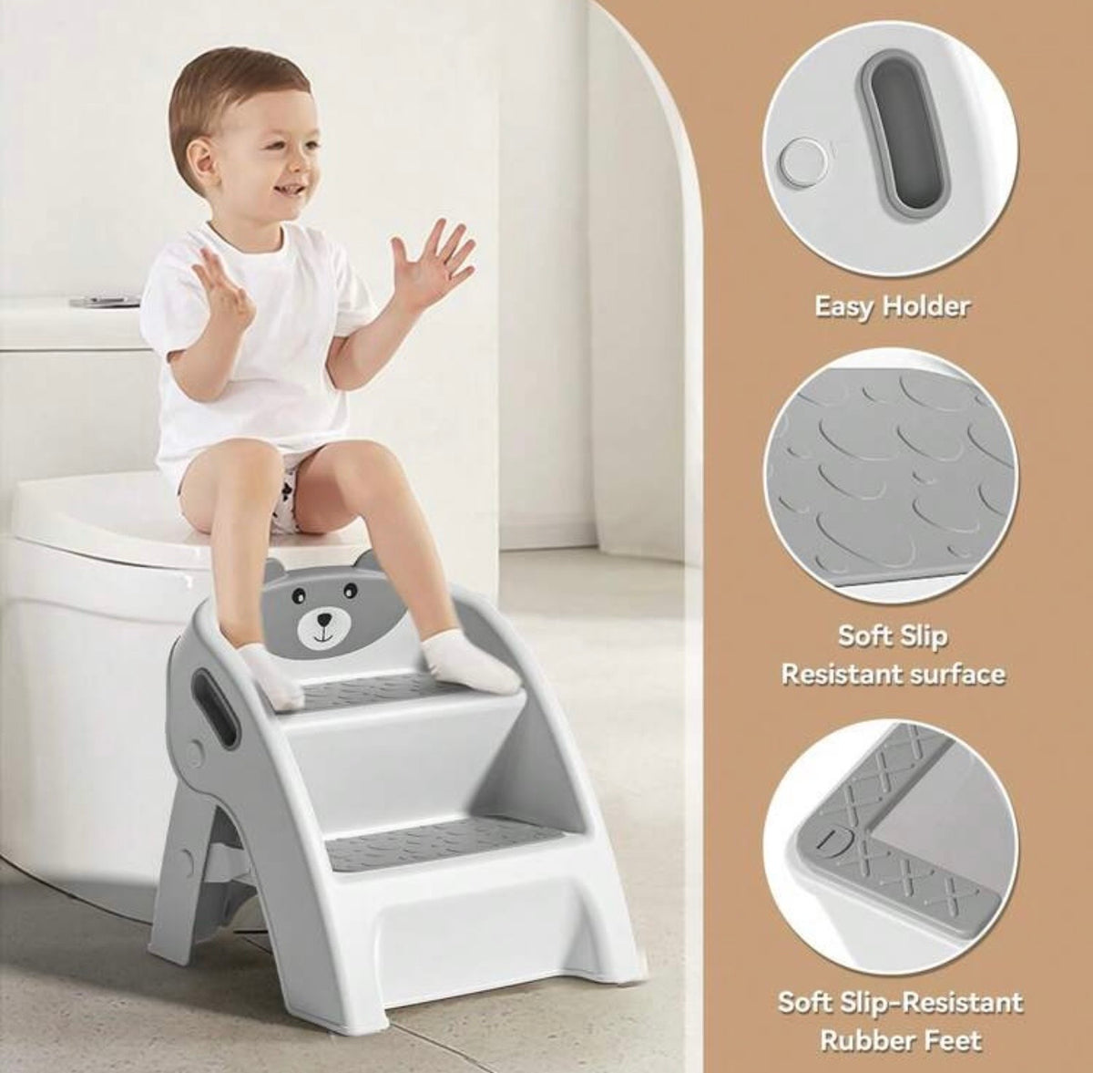 TidyMini StepUp Bear™ 2-Step Folding Toddler Stool with Anti-Slip Steps