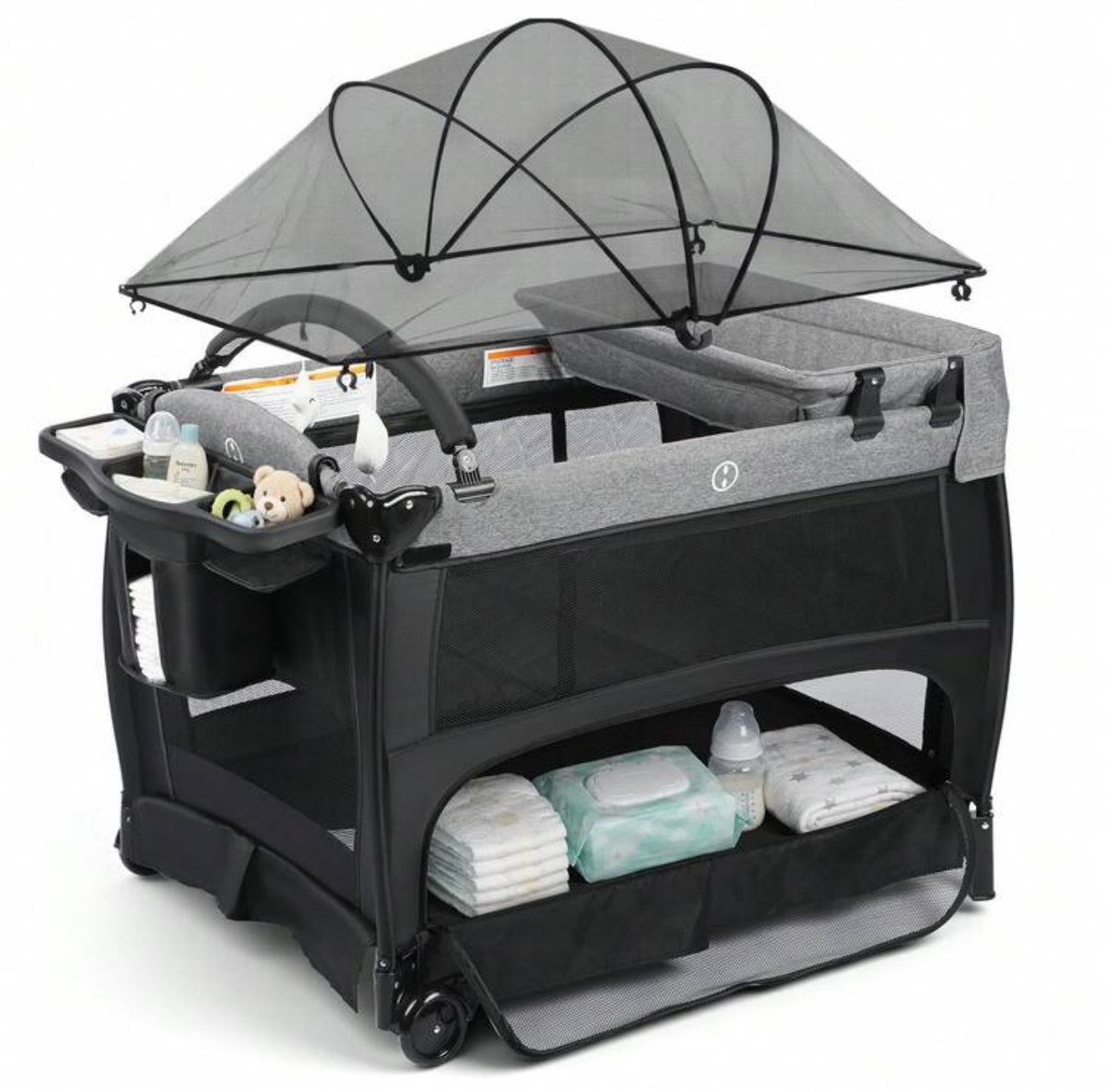 TidyMini™ Nest & Go 5-in-1 Baby Playard with Bassinet, Changing Station & Canopy