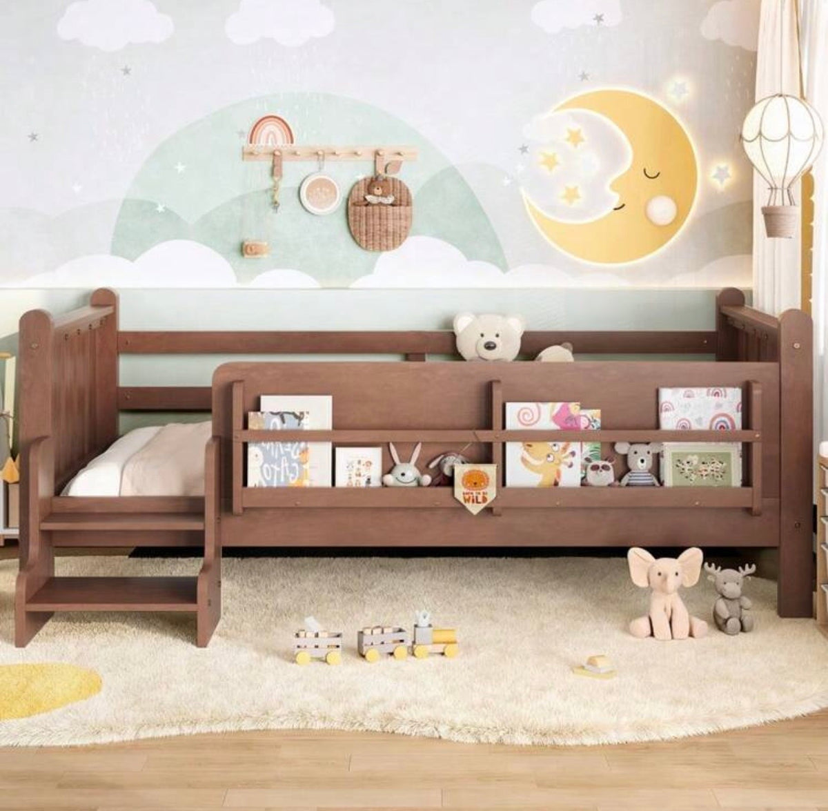 TidyMini™ StoryStep Twin Floor Bed with Bookcase Guardrail & Stairs