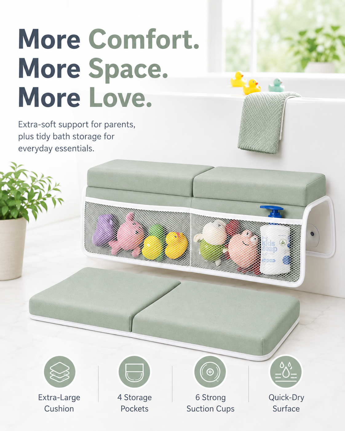 TidyMini™ BathCloud 2-in-1 Bath Kneeler & Elbow Rest — Cushioned Bath Support with 4 Storage Pockets