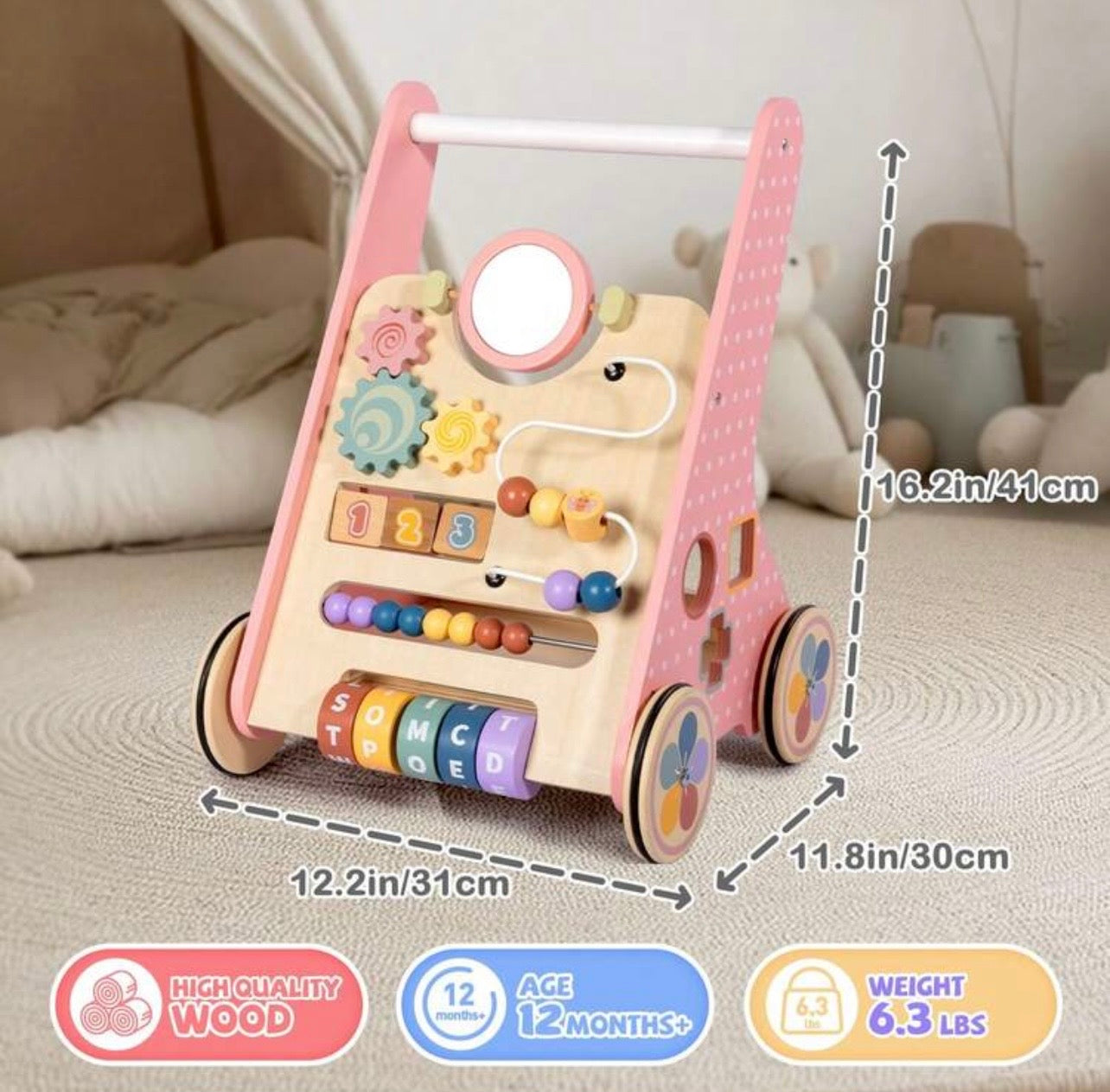 TidyMini™ Montessori Wooden Baby Push Walker & Activity Center