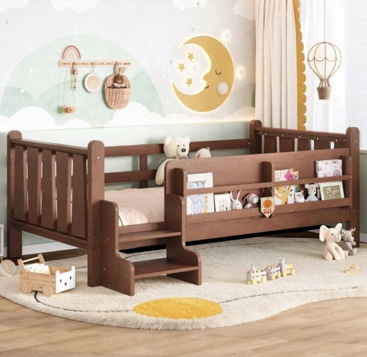TidyMini™ StoryStep Twin Floor Bed with Bookcase Guardrail & Stairs