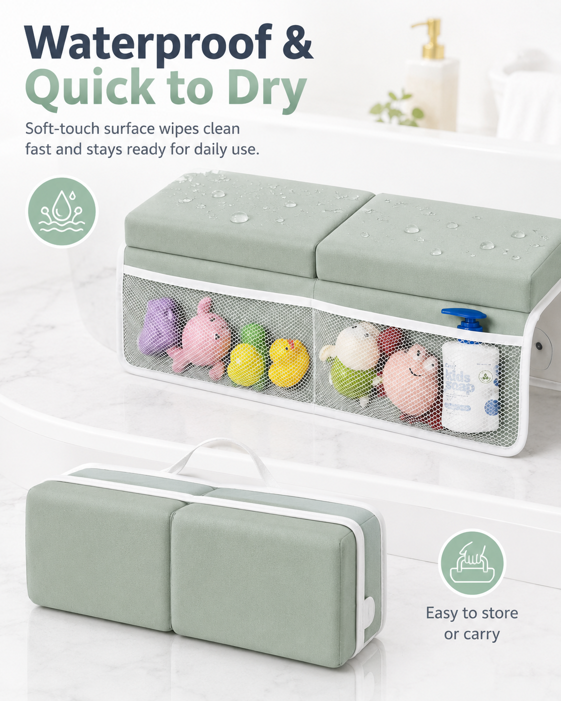 TidyMini™ BathCloud 2-in-1 Bath Kneeler & Elbow Rest — Cushioned Bath Support with 4 Storage Pockets