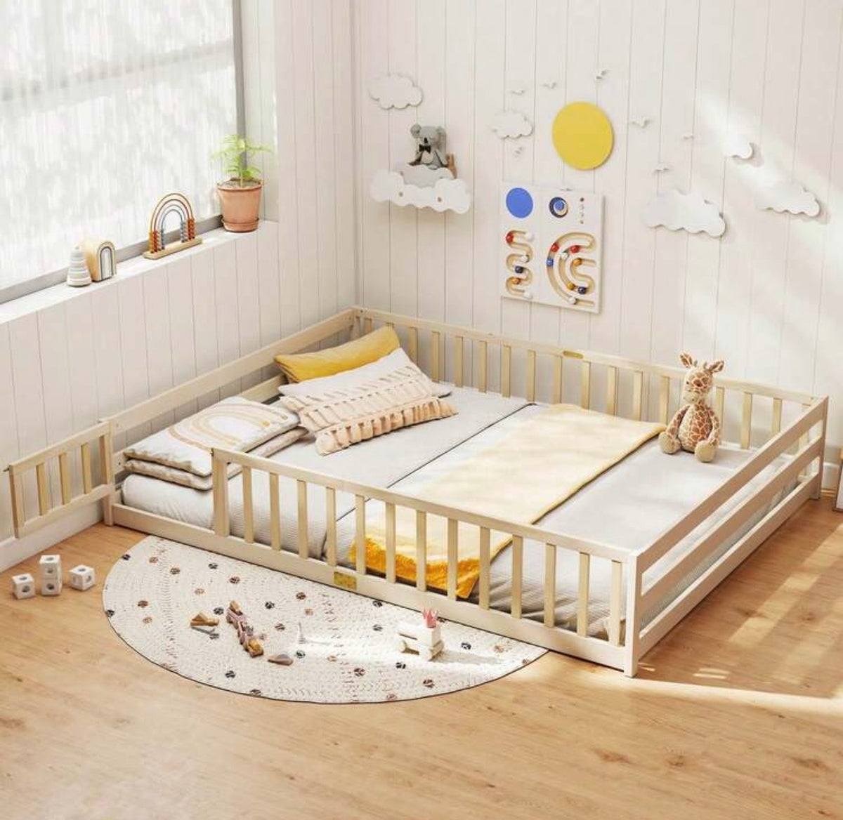 TidyMini DreamHaven™ Queen Floor Bed with Guardrails & Removable Door