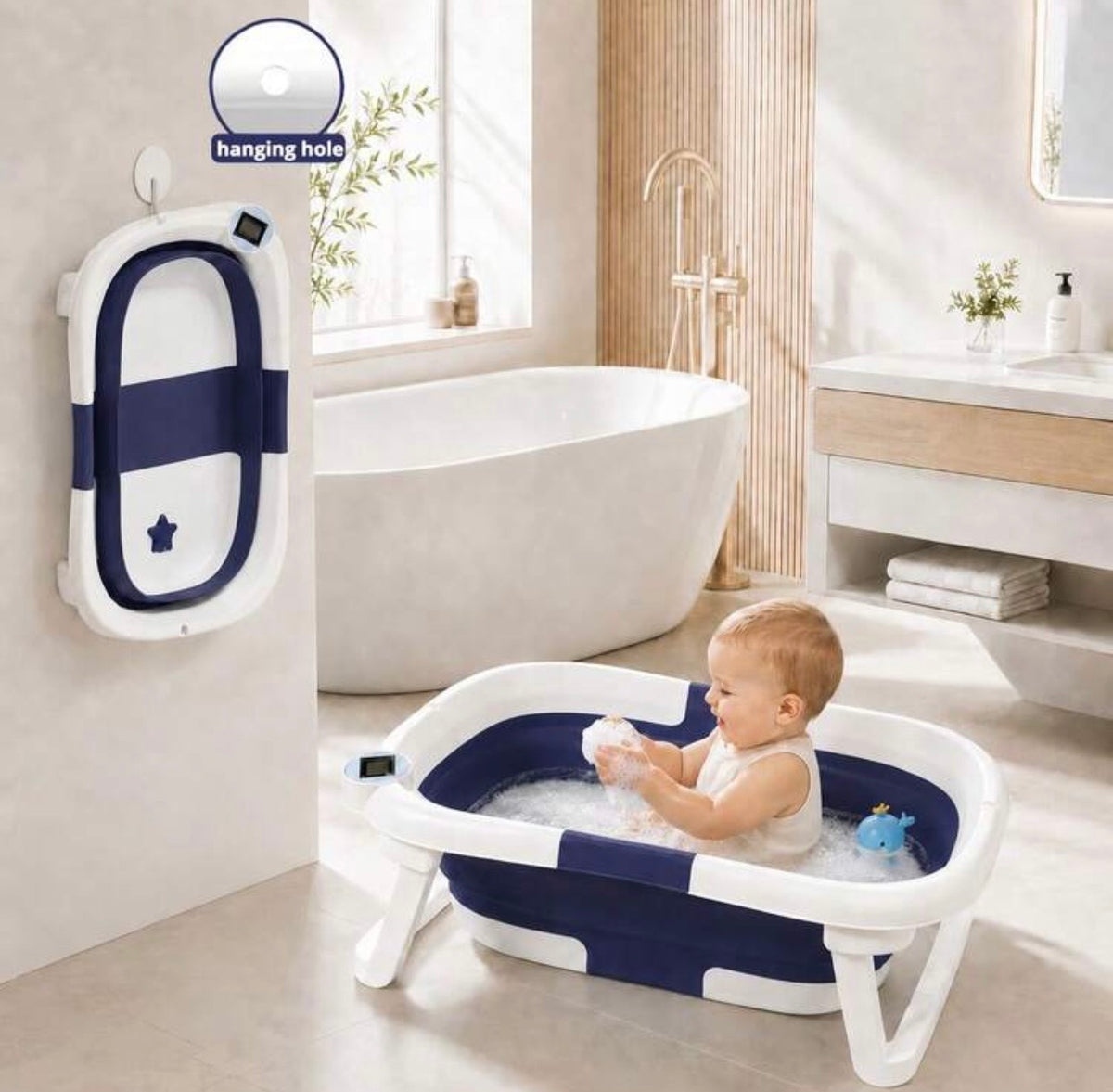 TidyMini™ AquaFold 3-in-1 Smart Baby Bathtub with Digital Thermometer & Newborn Cushion
