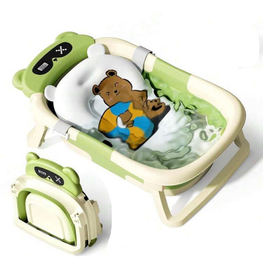 TidyMini™ TeddyFold Smart Baby Bathtub — Foldable Bath with Digital Thermometer & Newborn Cushion