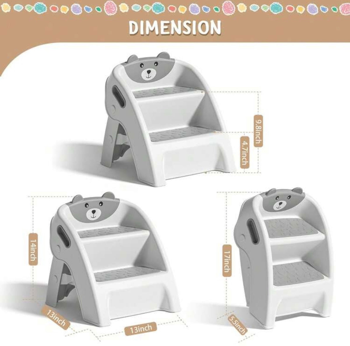 TidyMini StepUp Bear™ 2-Step Folding Toddler Stool with Anti-Slip Steps