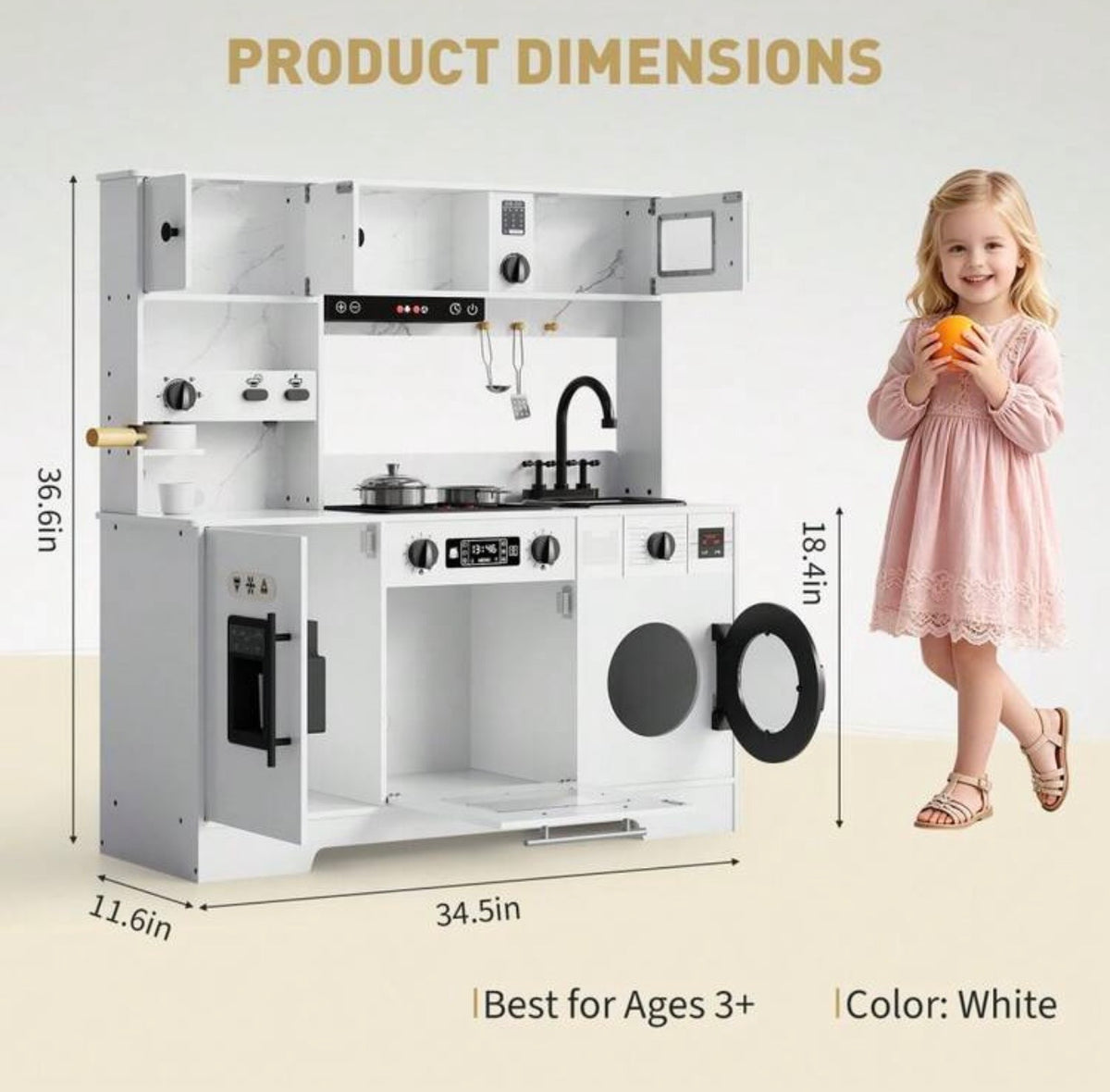 TidyMini™ LittleChef Luxe Play Kitchen Set – Interactive Wooden Kids Kitchen with Coffee Bar, Ice Dispenser, Oven, Sink & Washing Machine