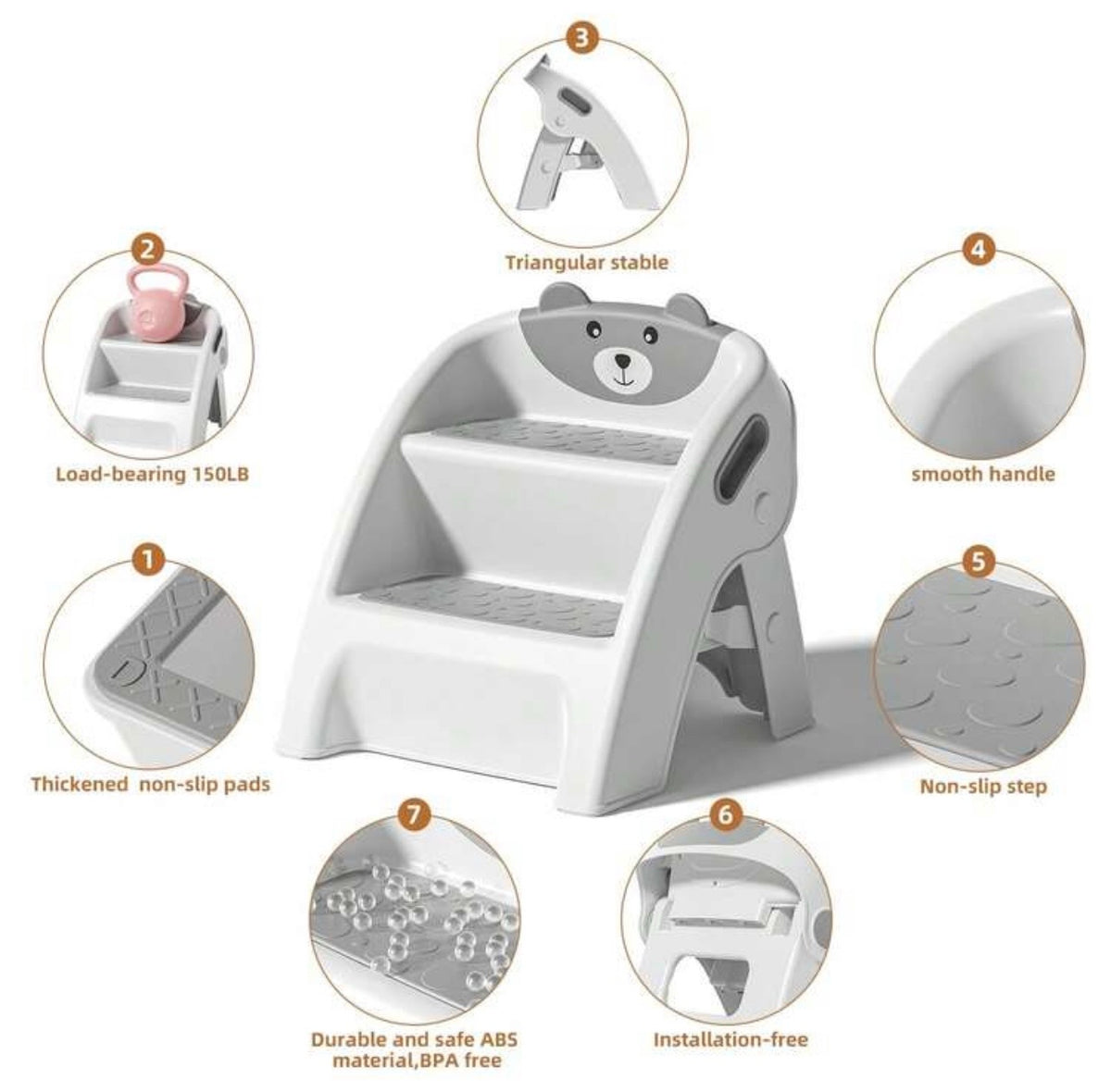 TidyMini StepUp Bear™ 2-Step Folding Toddler Stool with Anti-Slip Steps