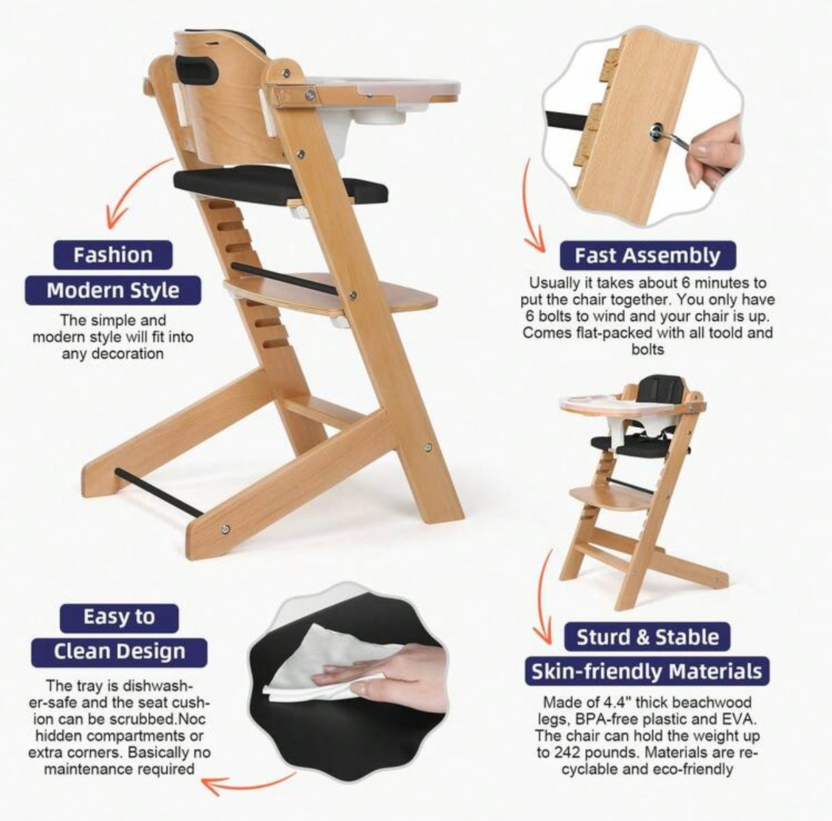 TidyMini™ EverGrow Wooden High Chair – Adjustable Seat & Footrest, 5-Point Harness, Dual Removable Tray & Cushioned Seat