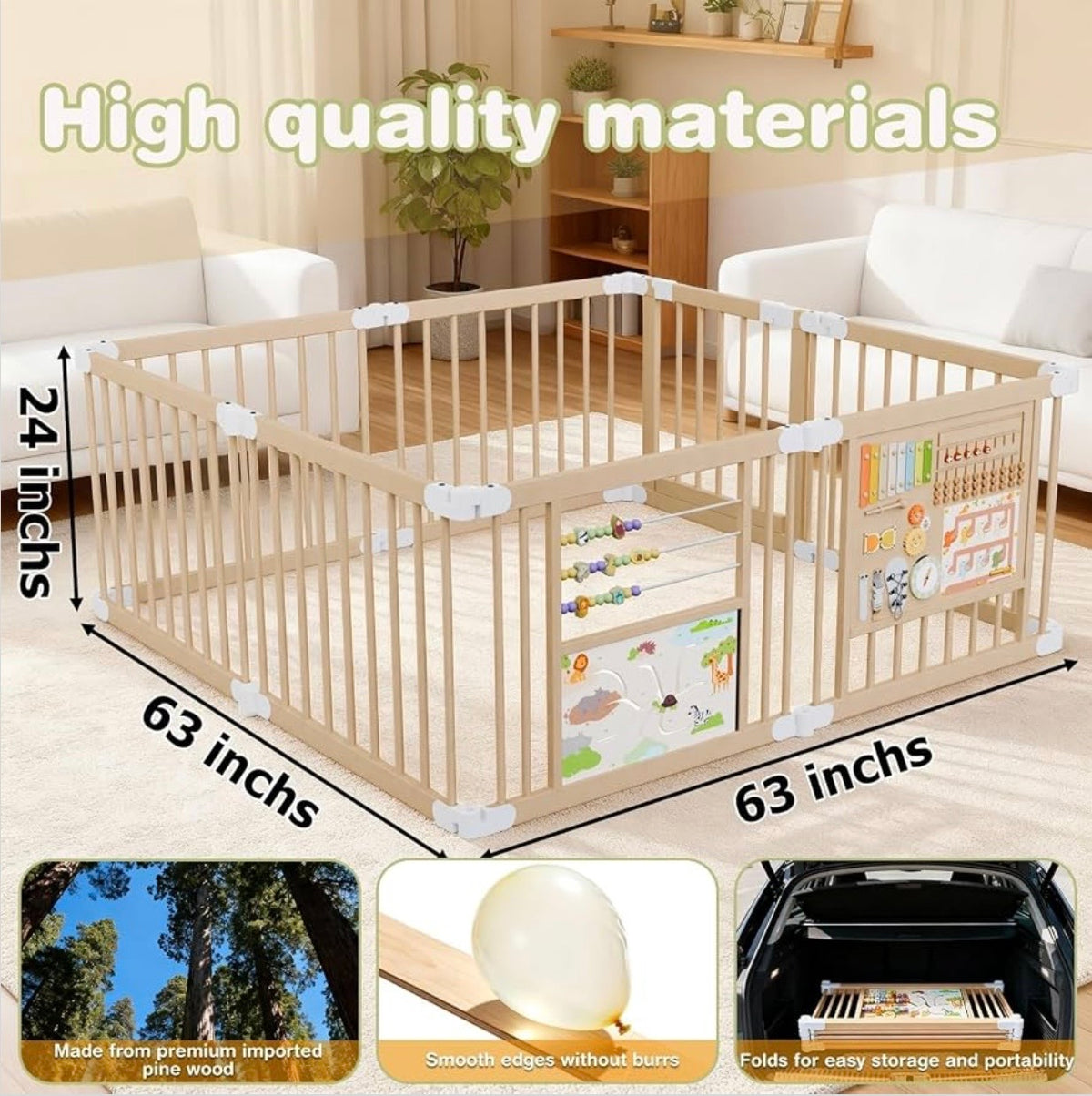 TidyMini™ WonderNest Wooden Activity Playpen — Foldable Baby Play Yard with Interactive Learning Panels