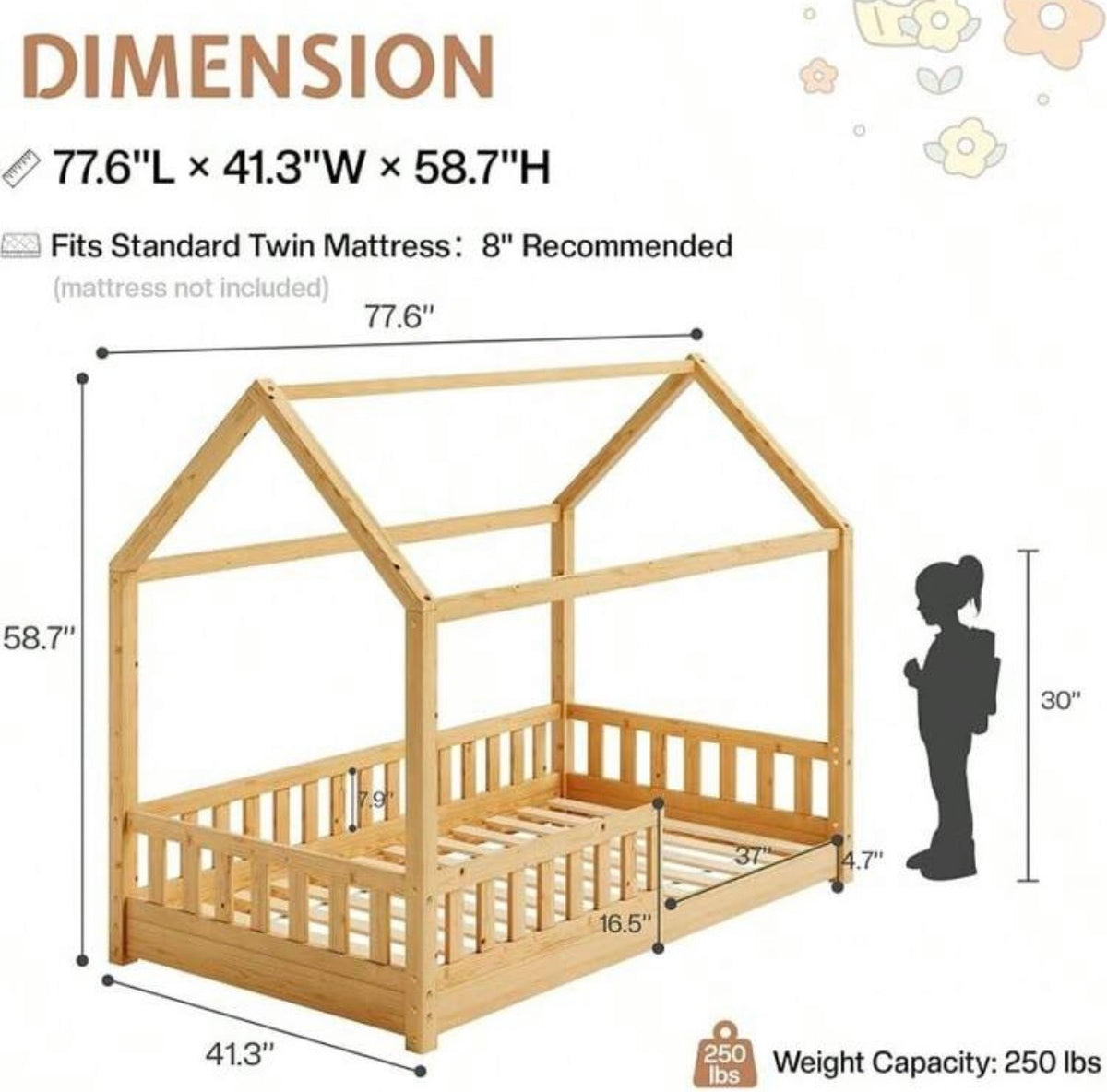 TidyMini™ DreamHaus™ Twin House Floor Bed with Guardrails
