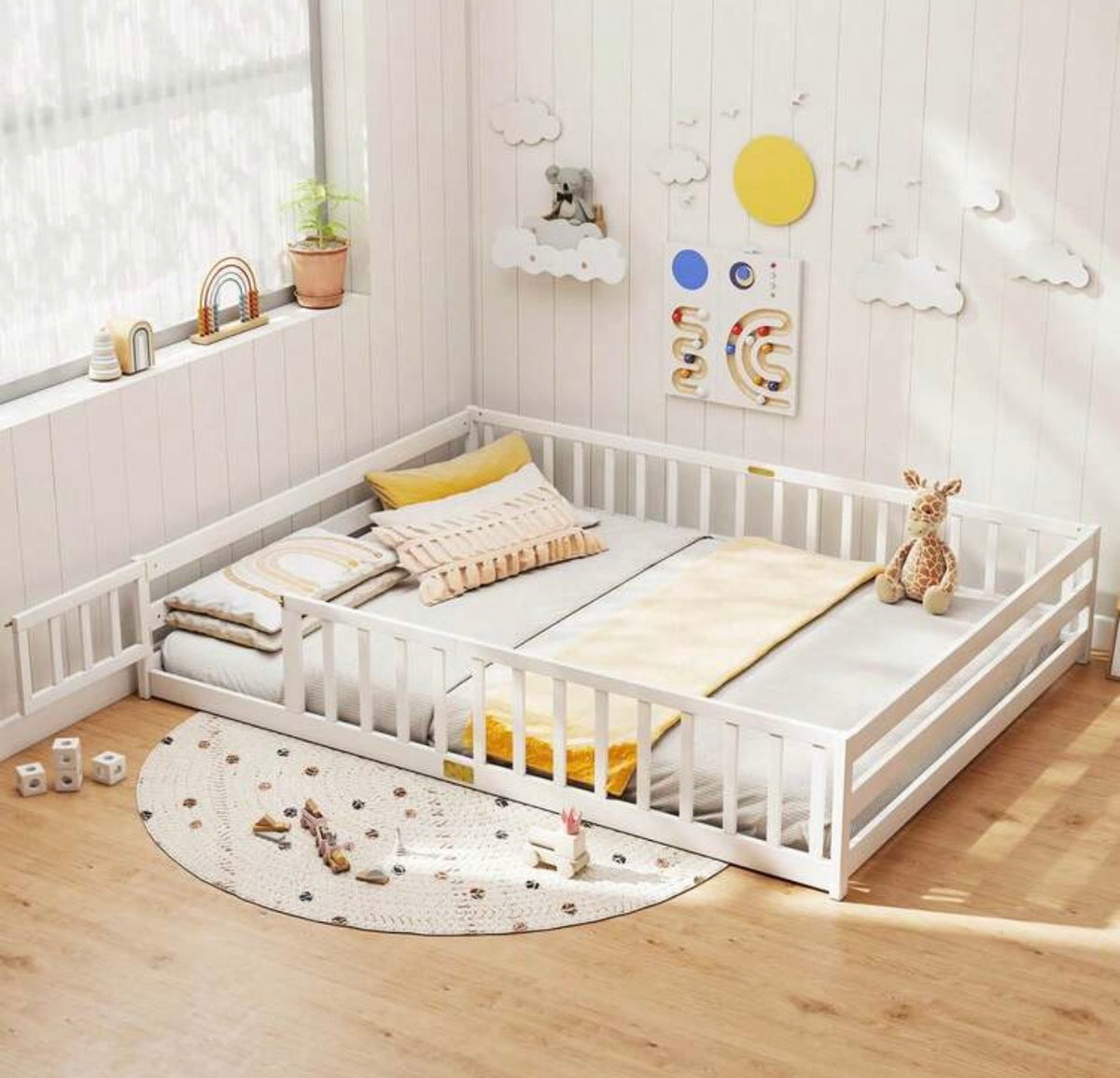 TidyMini DreamHaven™ Queen Floor Bed with Guardrails & Removable Door