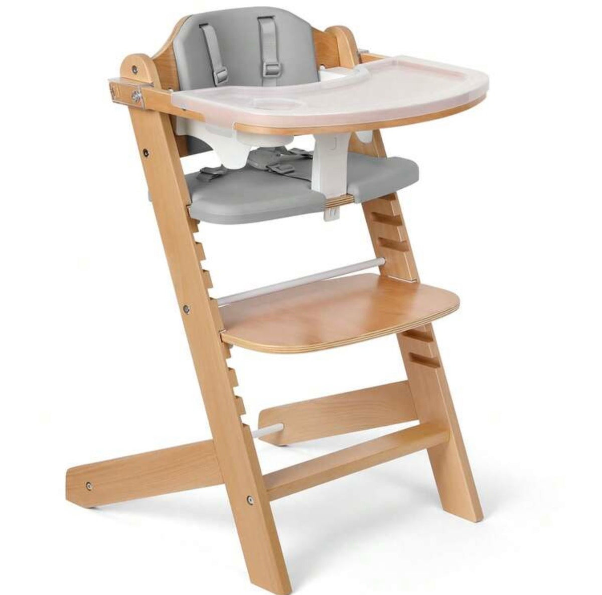 TidyMini™ EverGrow Wooden High Chair – Adjustable Seat & Footrest, 5-Point Harness, Dual Removable Tray & Cushioned Seat