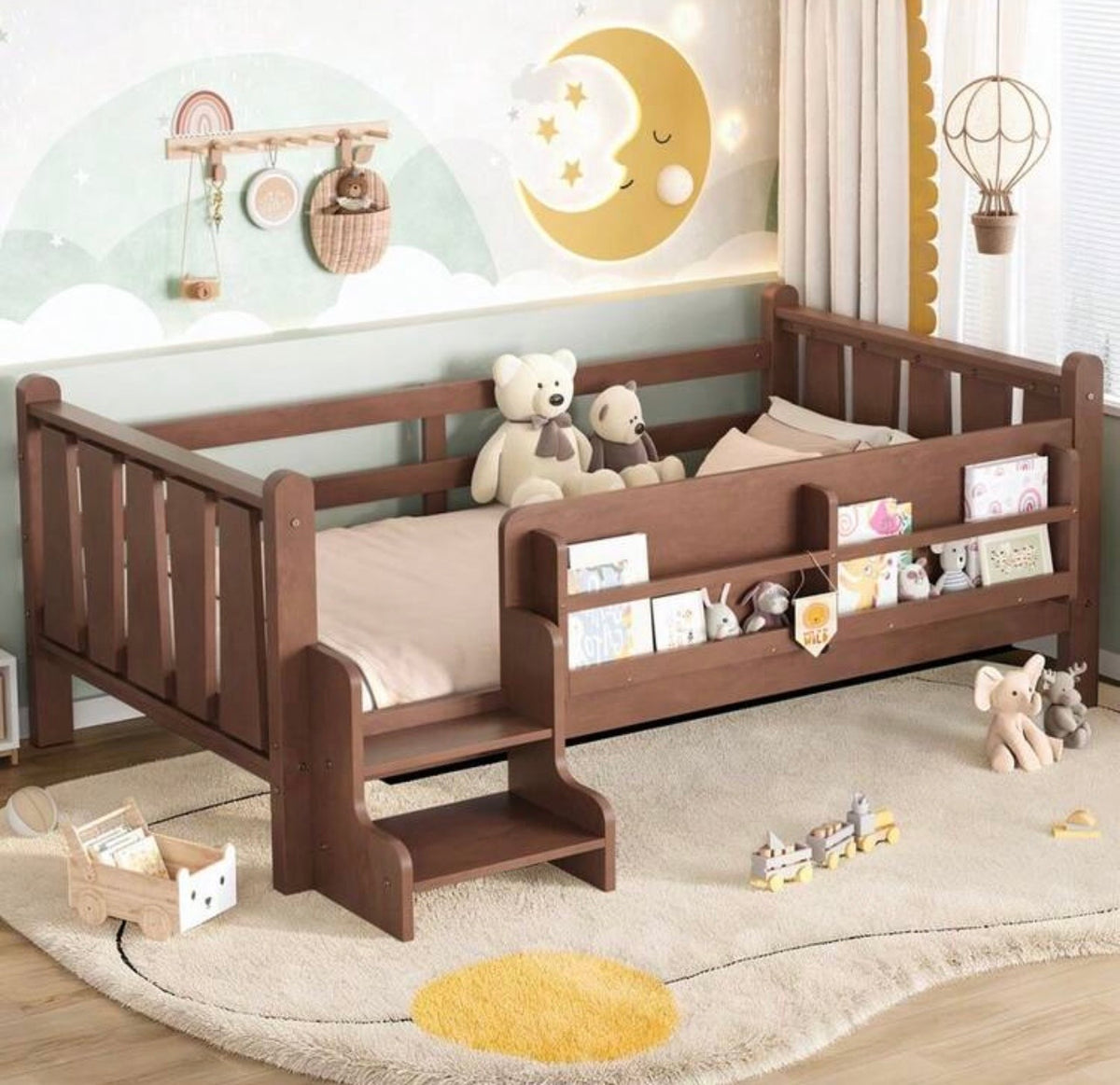 TidyMini™ StoryStep Twin Floor Bed with Bookcase Guardrail & Stairs