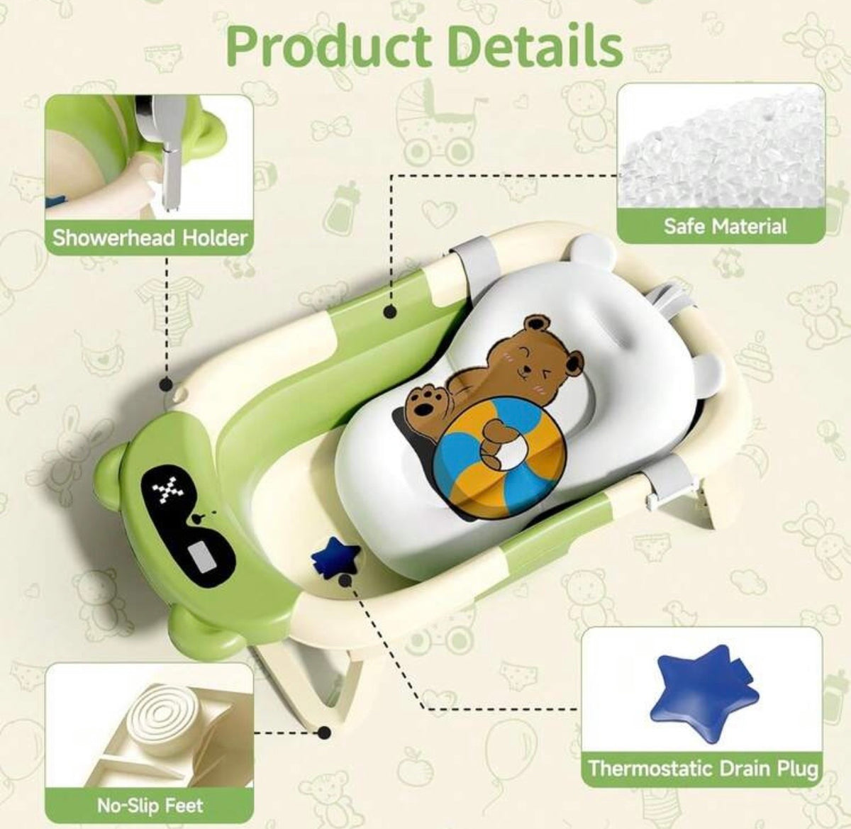 TidyMini™ TeddyFold Smart Baby Bathtub — Foldable Bath with Digital Thermometer & Newborn Cushion