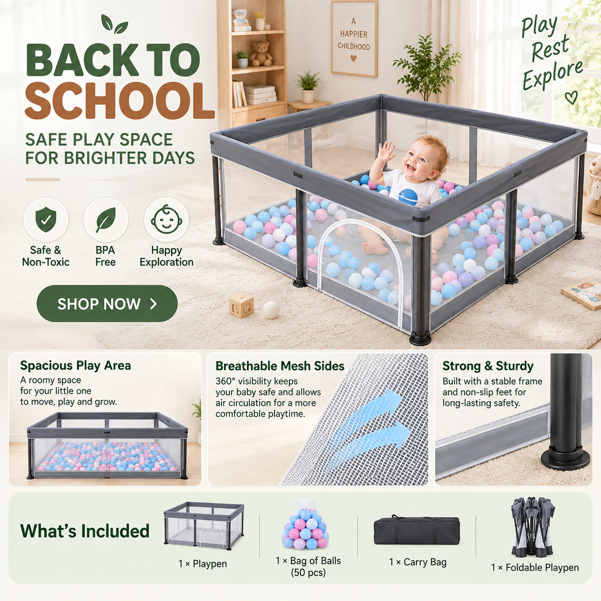 TidyMini™ Fold & Play Baby Playpen with Mesh Sides & Ball Pit