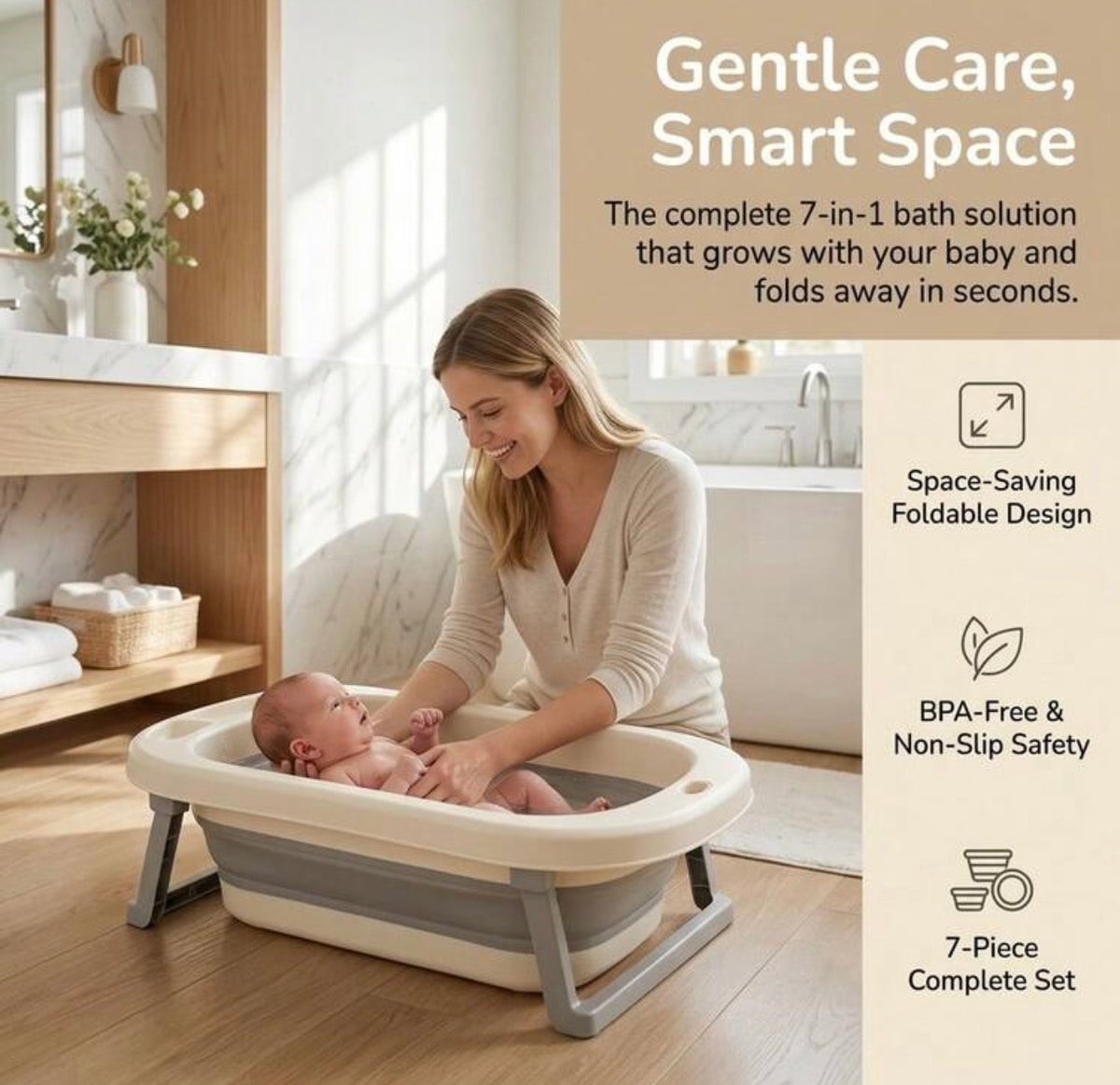 TidyMini™ HaloBath 7-in-1 Complete Baby Bath System — Foldable Bathtub with Newborn Support & Bath Accessories