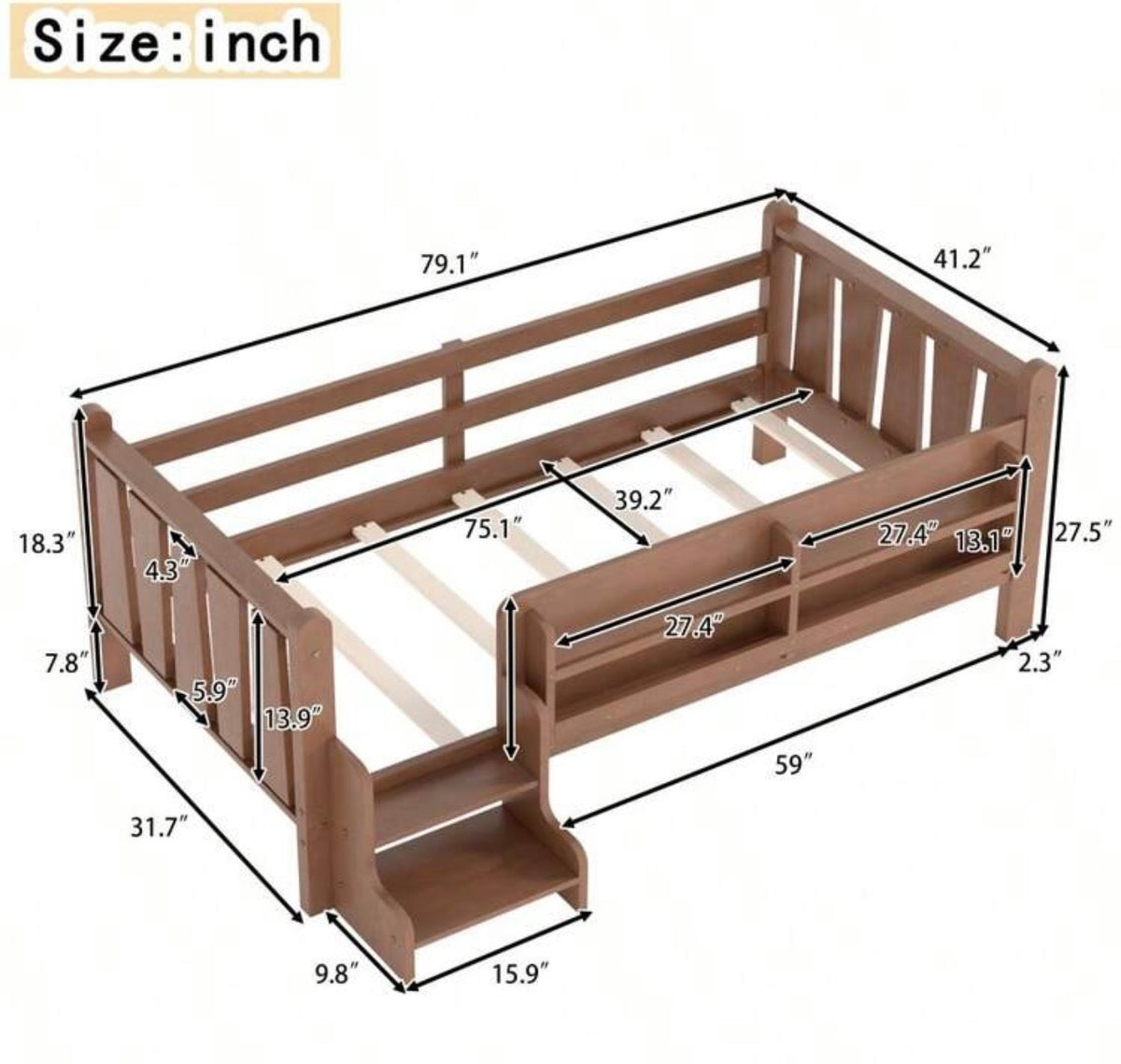 TidyMini™ StoryStep Twin Floor Bed with Bookcase Guardrail & Stairs