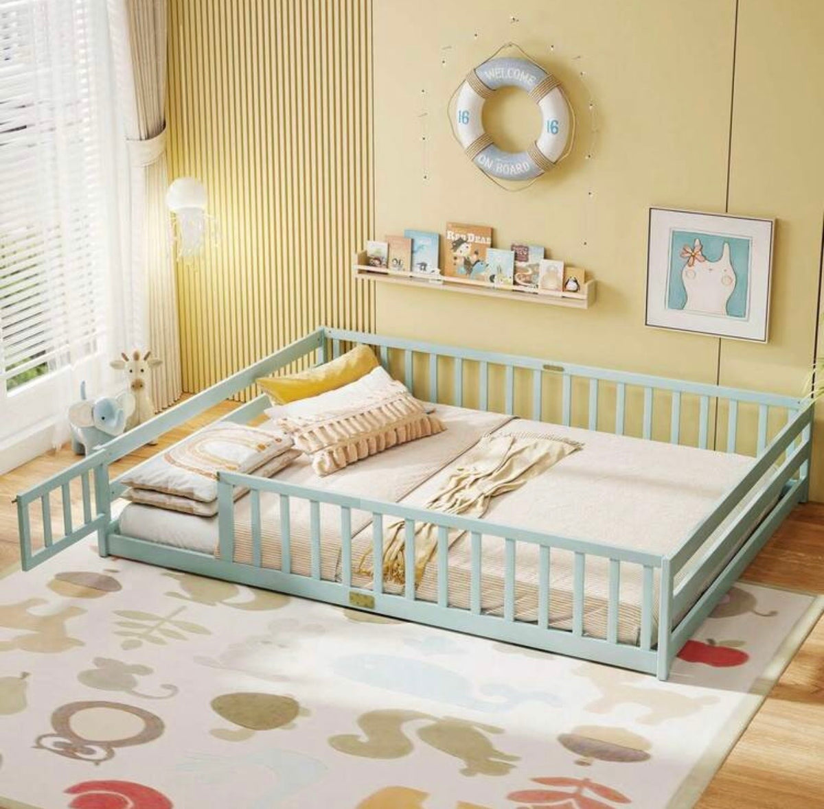 TidyMini DreamHaven™ Queen Floor Bed with Guardrails & Removable Door