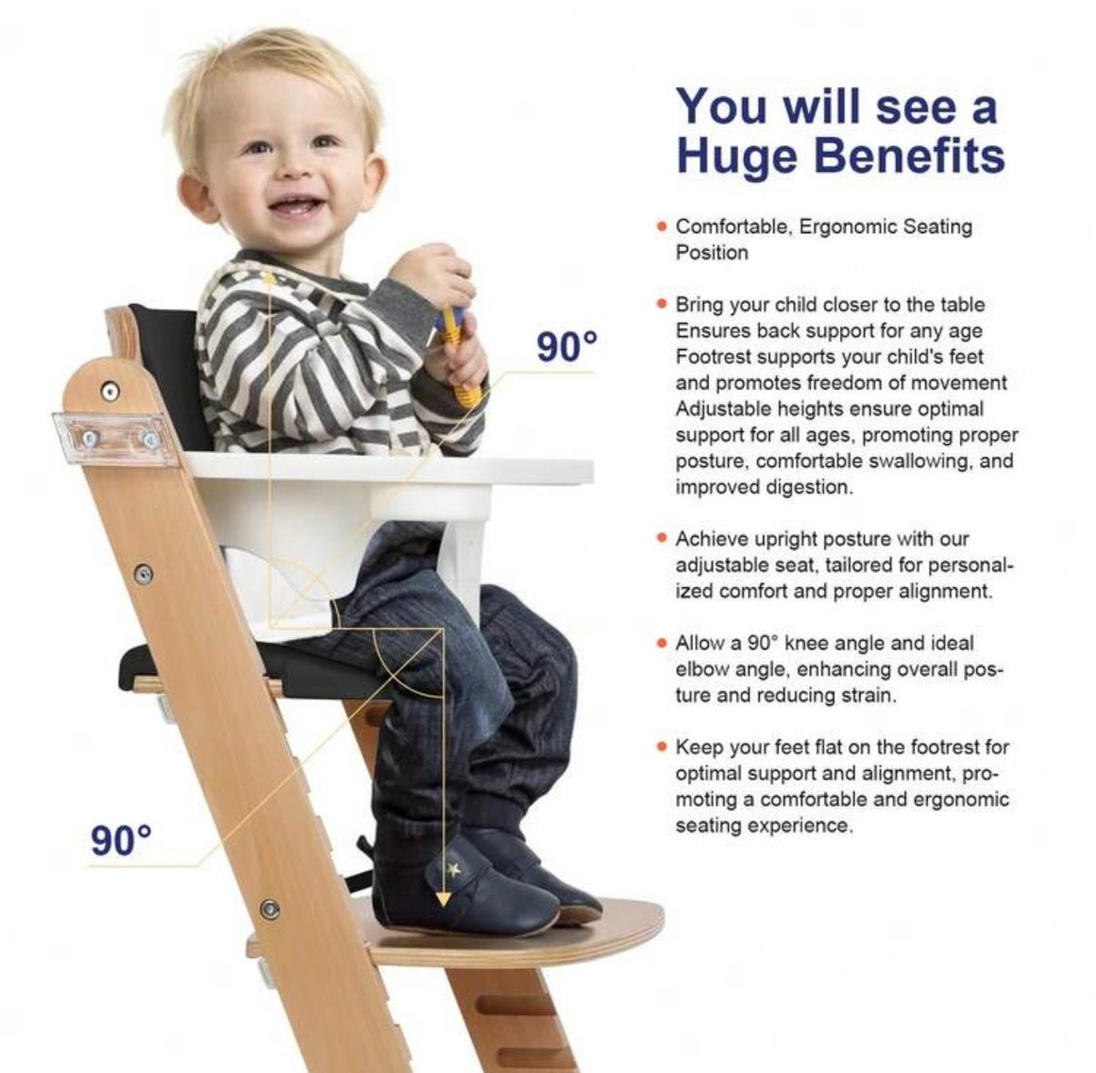 TidyMini™ EverGrow Wooden High Chair – Adjustable Seat & Footrest, 5-Point Harness, Dual Removable Tray & Cushioned Seat