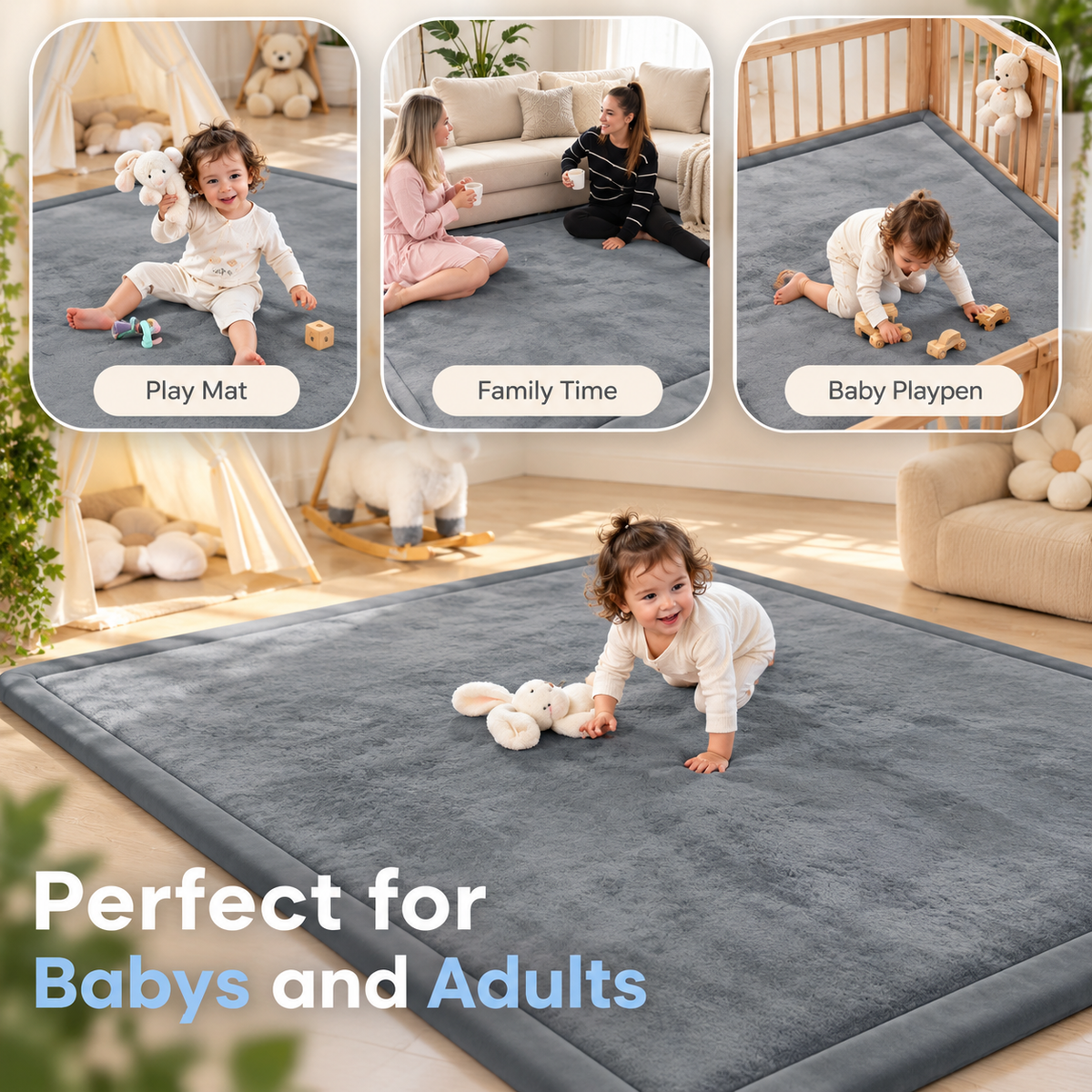 TidyMini™ CozyNest 3CM Plush Padded Play Mat — Extra-Thick Cushioned Floor Mat for Playrooms, Nurseries & Playpens