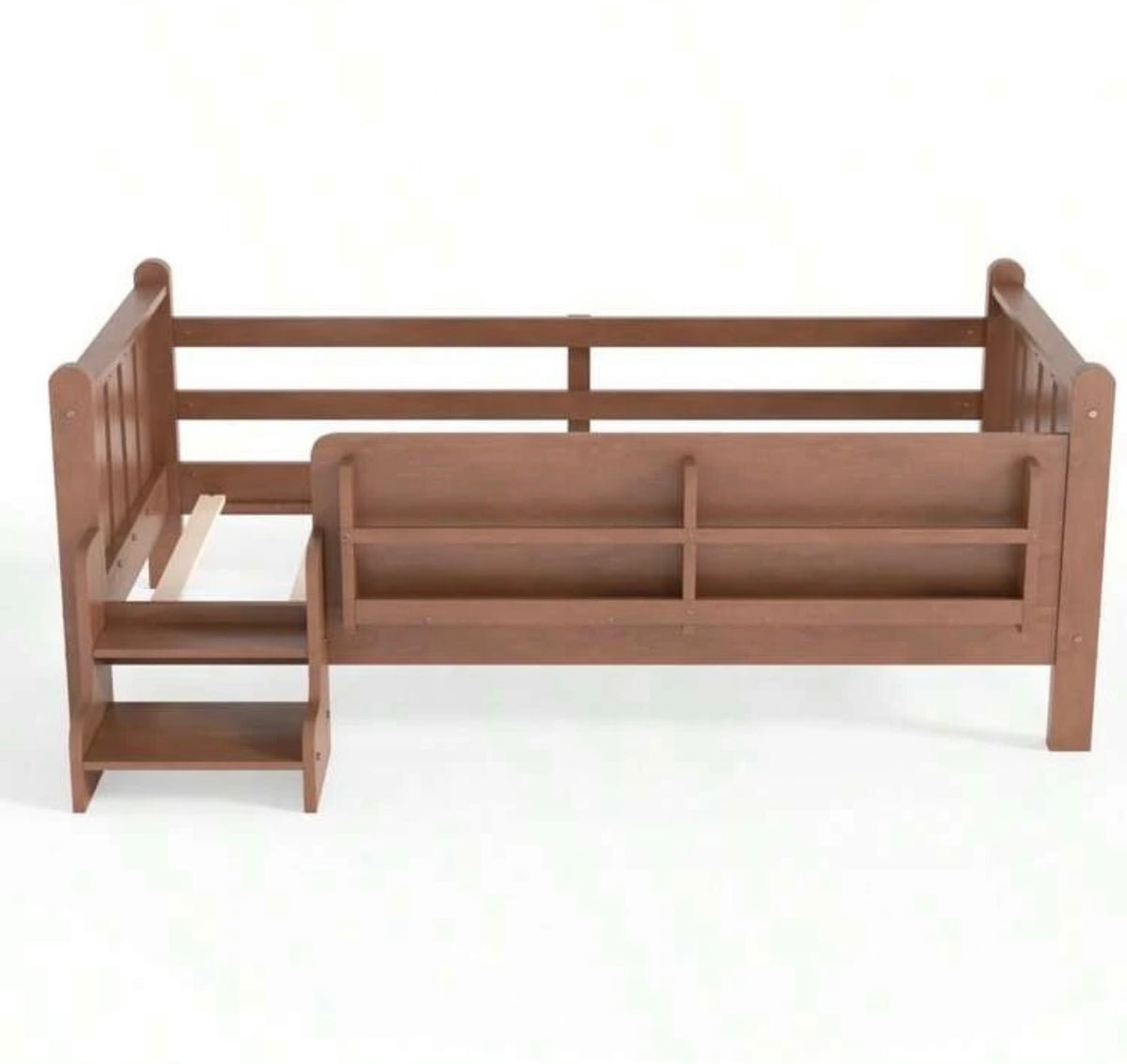 TidyMini™ StoryStep Twin Floor Bed with Bookcase Guardrail & Stairs