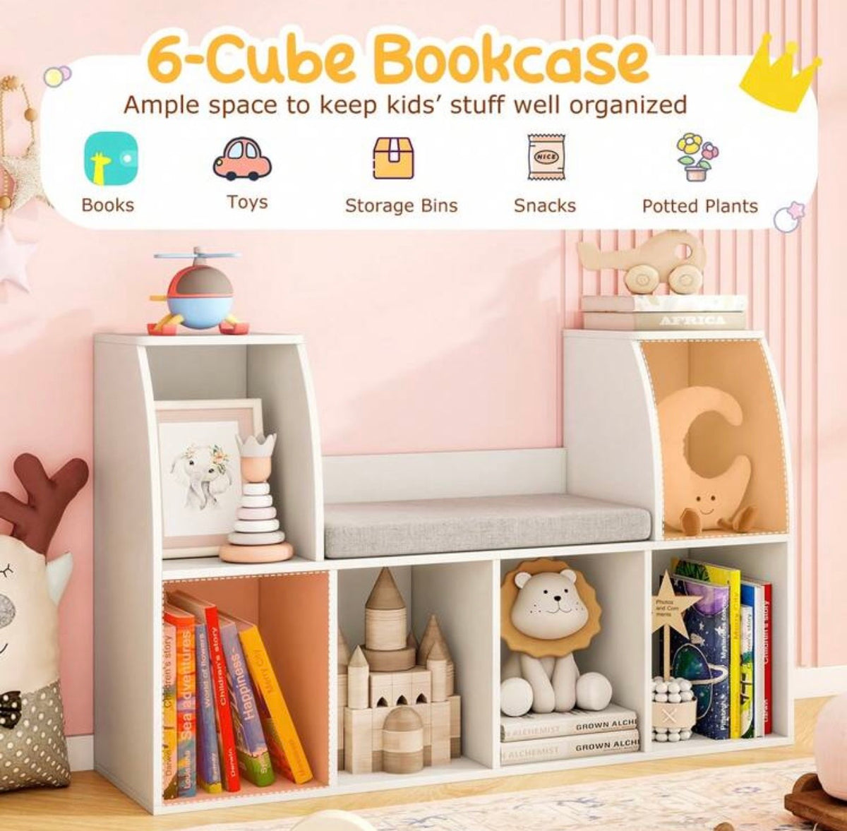 TidyMini Cozy Reading Nook & 6-Cube Kids Bookcase with Cushion