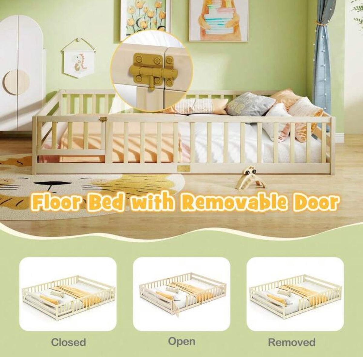 TidyMini DreamHaven™ Queen Floor Bed with Guardrails & Removable Door