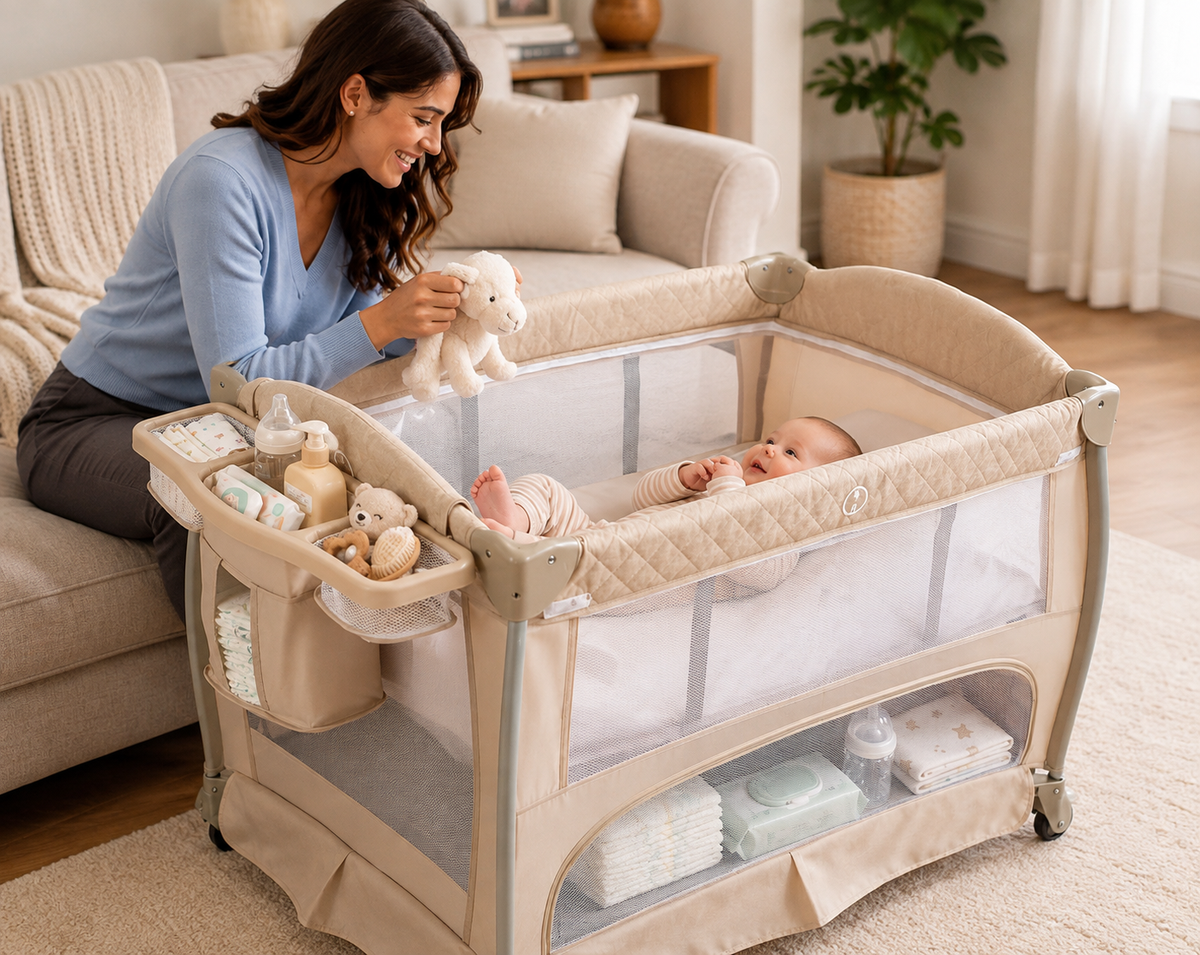 TidyMini™ Nest & Go 5-in-1 Baby Playard with Bassinet, Changing Station & Canopy