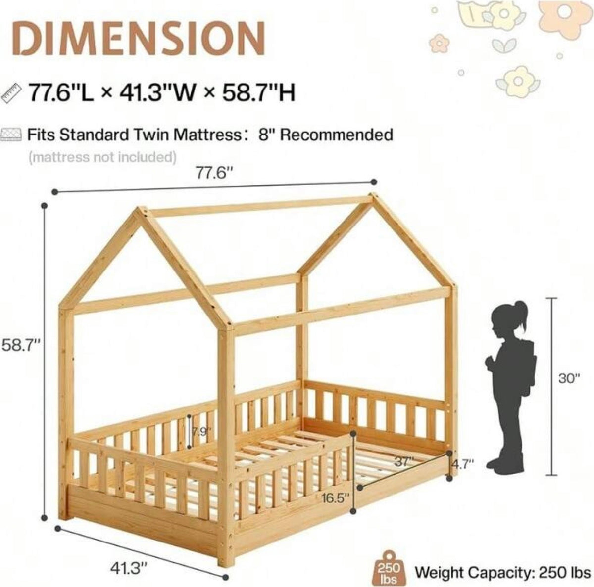 TidyMini™ DreamHaus™ Twin House Floor Bed with Guardrails