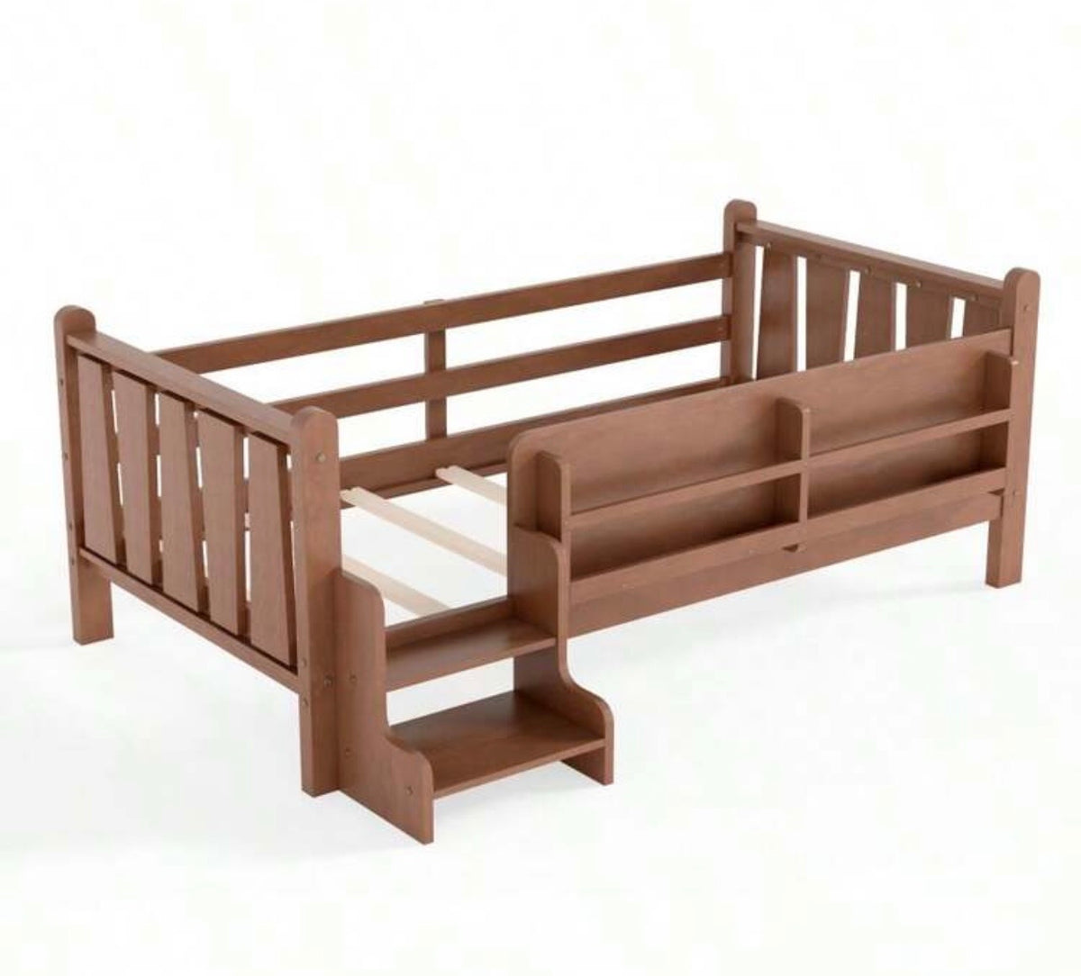 TidyMini™ StoryStep Twin Floor Bed with Bookcase Guardrail & Stairs