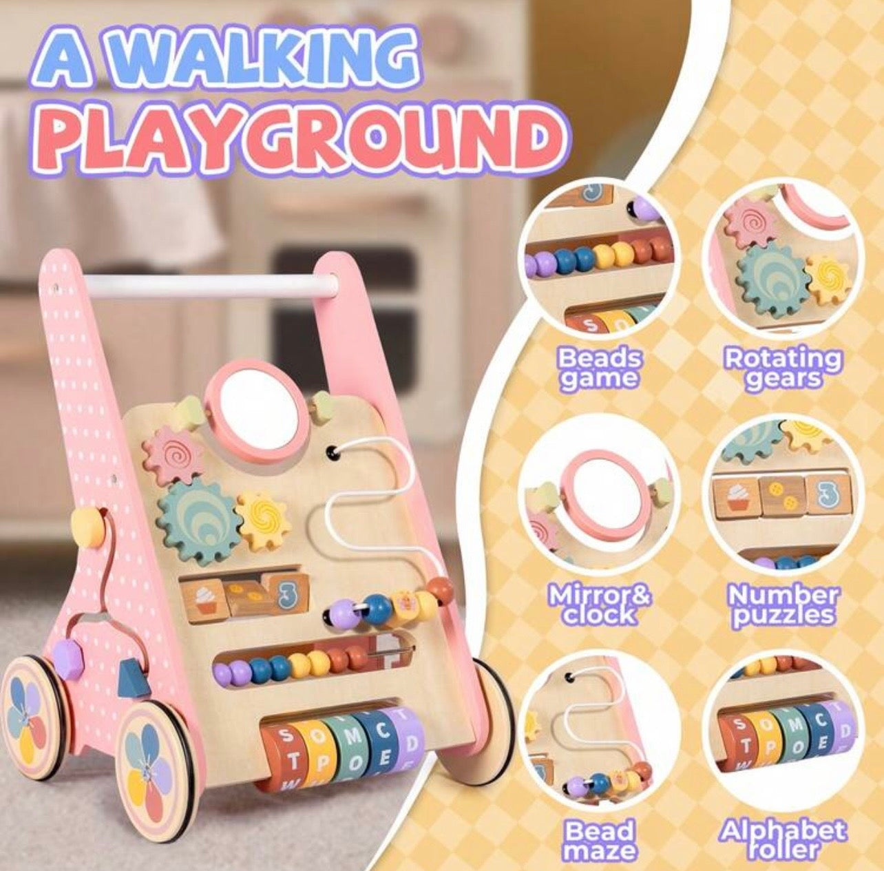 TidyMini™ Montessori Wooden Baby Push Walker & Activity Center