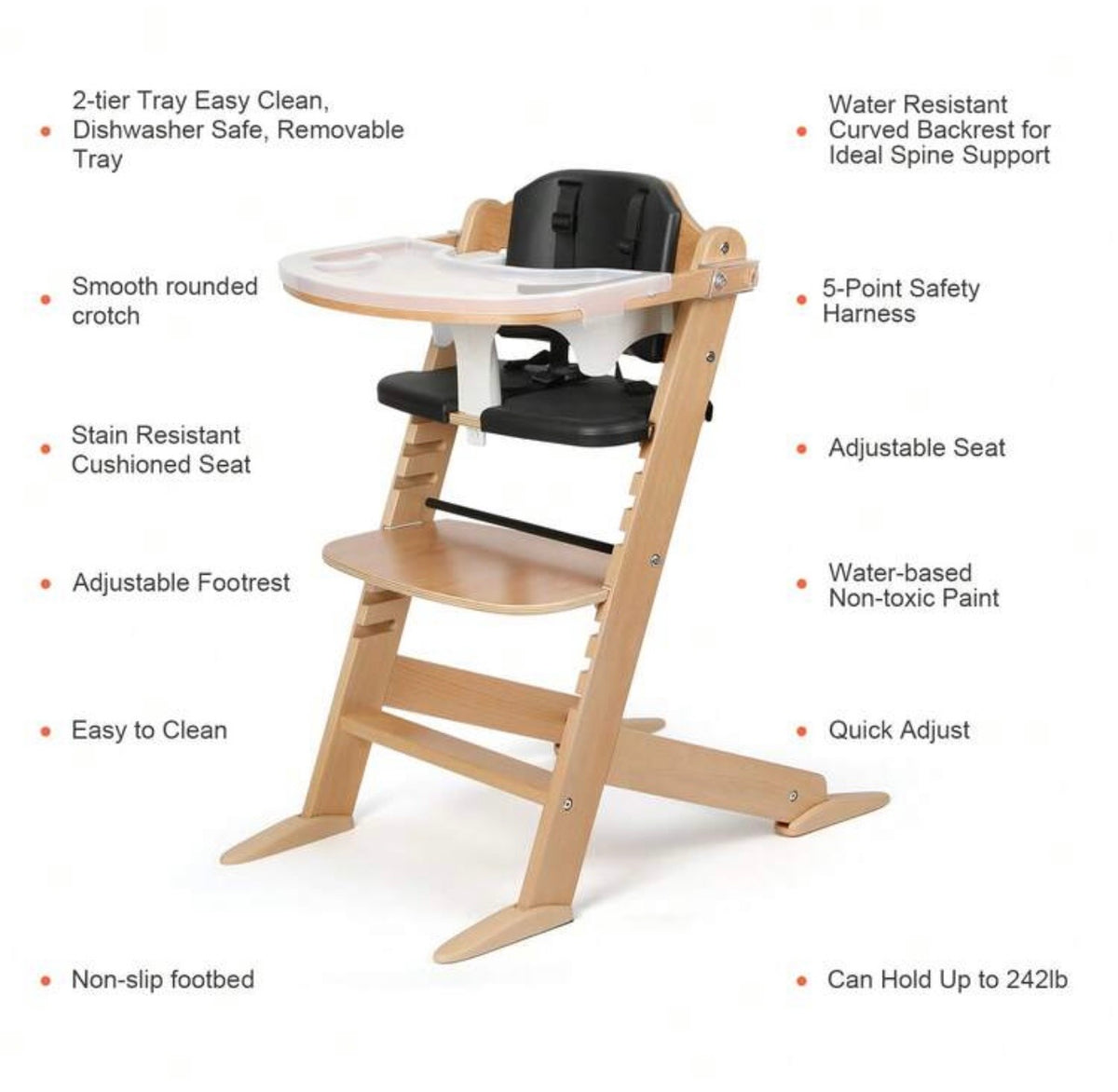 TidyMini™ EverGrow Wooden High Chair – Adjustable Seat & Footrest, 5-Point Harness, Dual Removable Tray & Cushioned Seat