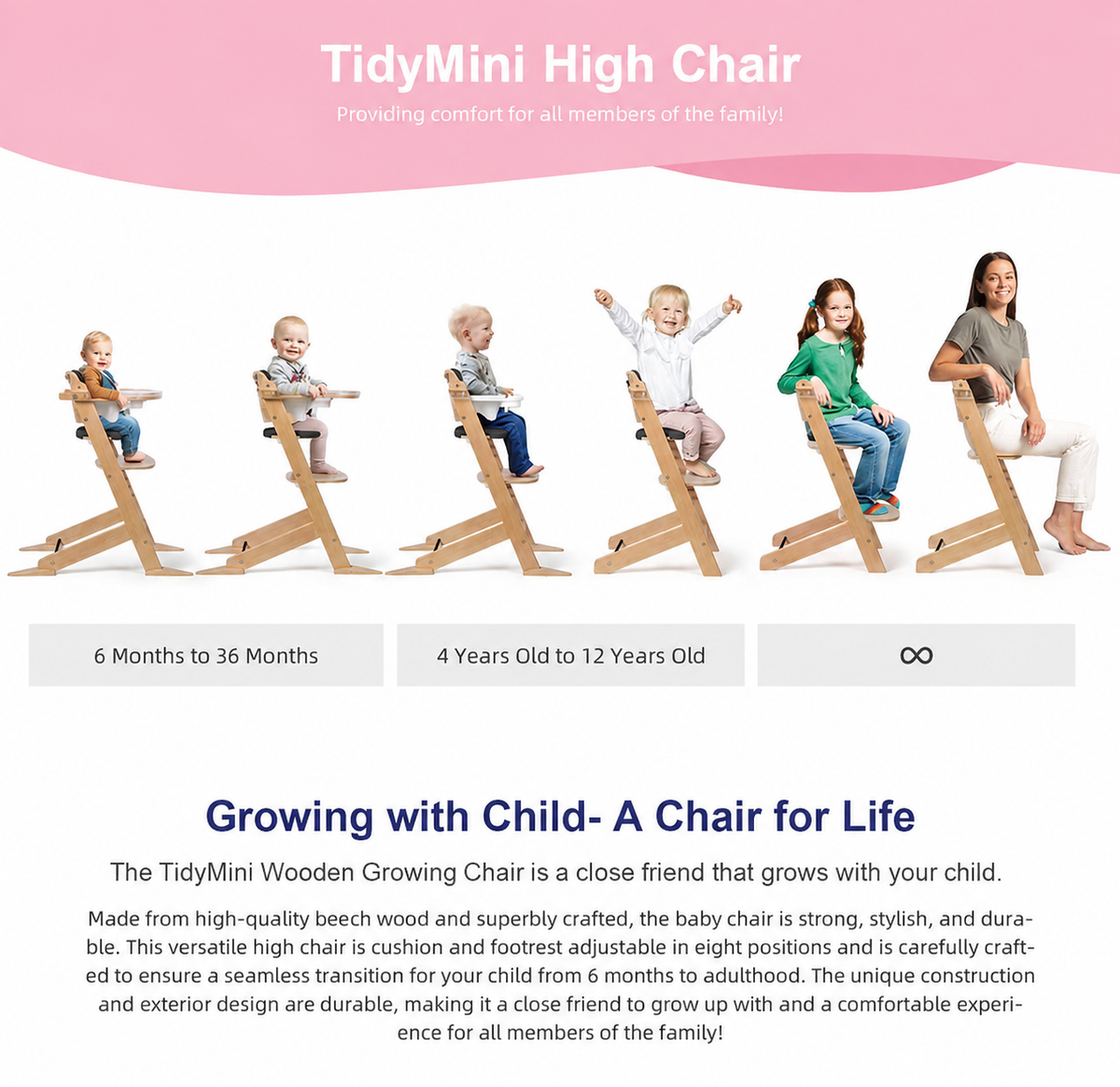 TidyMini™ EverGrow Wooden High Chair – Adjustable Seat & Footrest, 5-Point Harness, Dual Removable Tray & Cushioned Seat