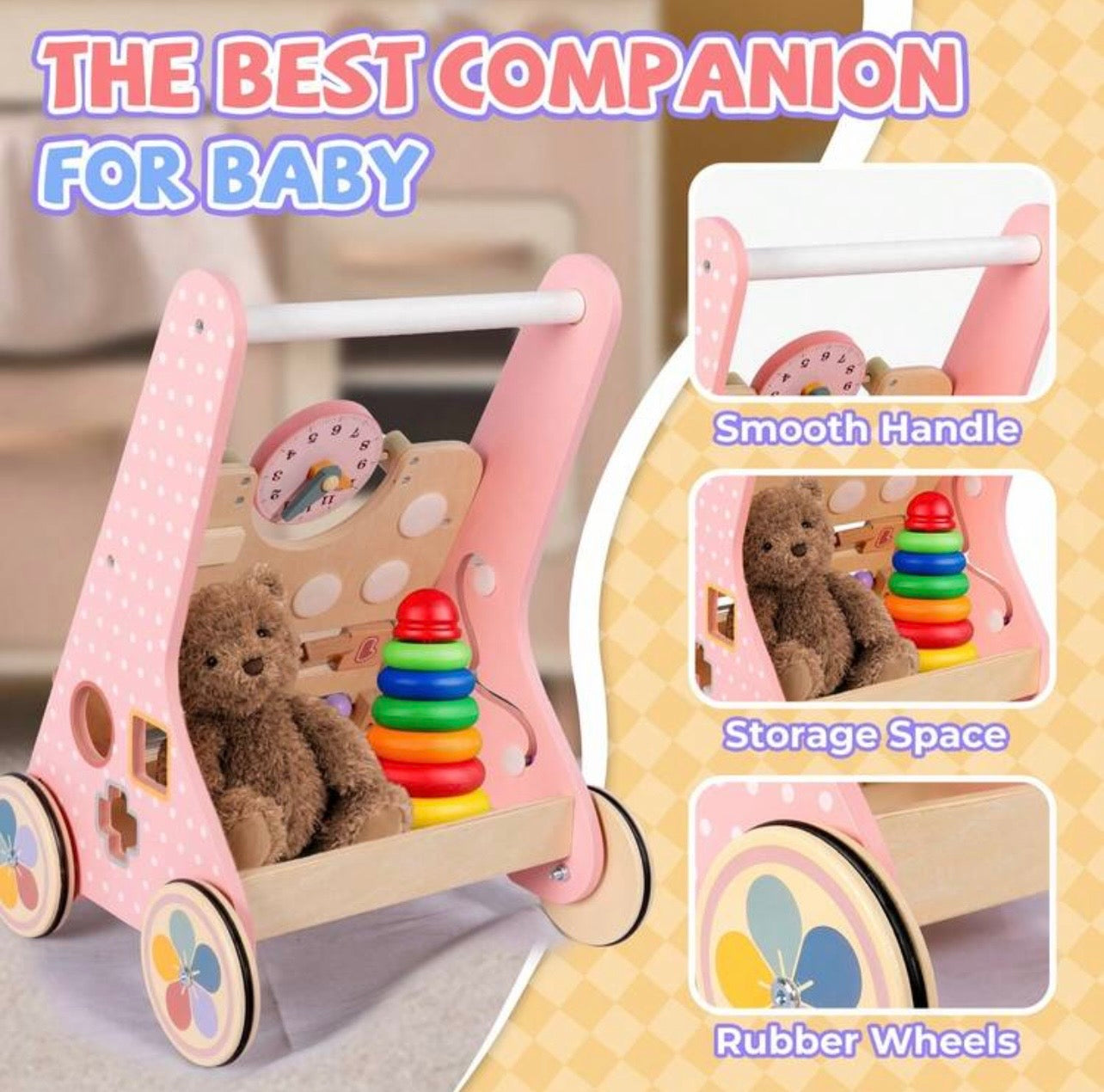 TidyMini™ Montessori Wooden Baby Push Walker & Activity Center