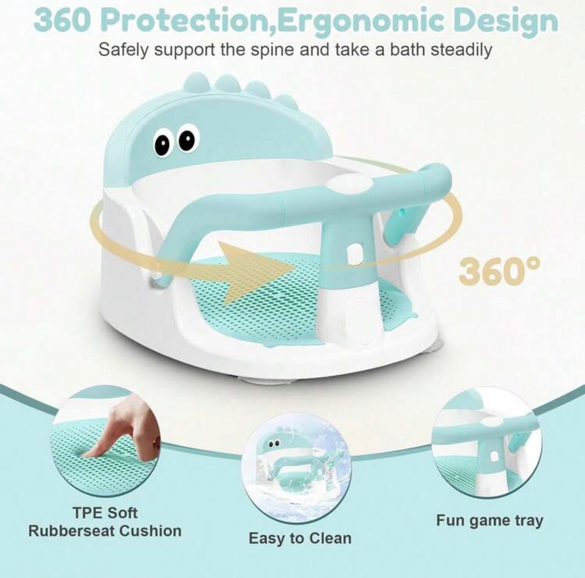 TidyMini™ DinoSit Baby Bath Seat — 360° Support with Non-Slip Cushion & Suction Base