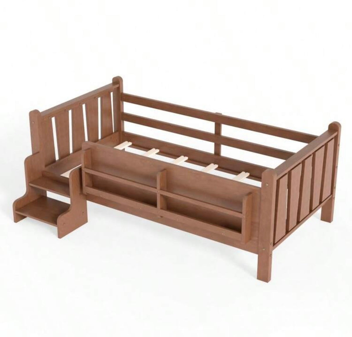 TidyMini™ StoryStep Twin Floor Bed with Bookcase Guardrail & Stairs
