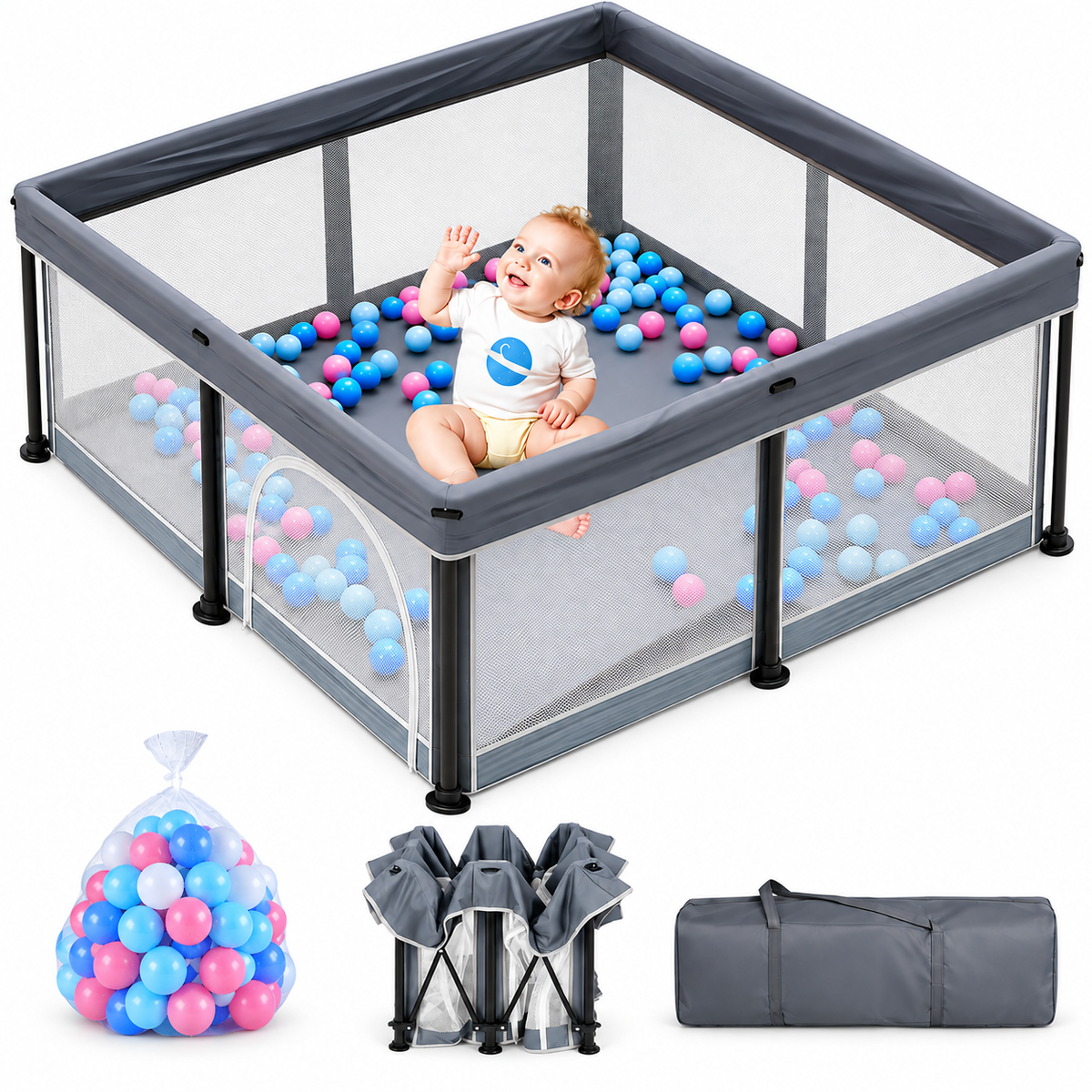TidyMini™ Fold & Play Baby Playpen with Mesh Sides & Ball Pit