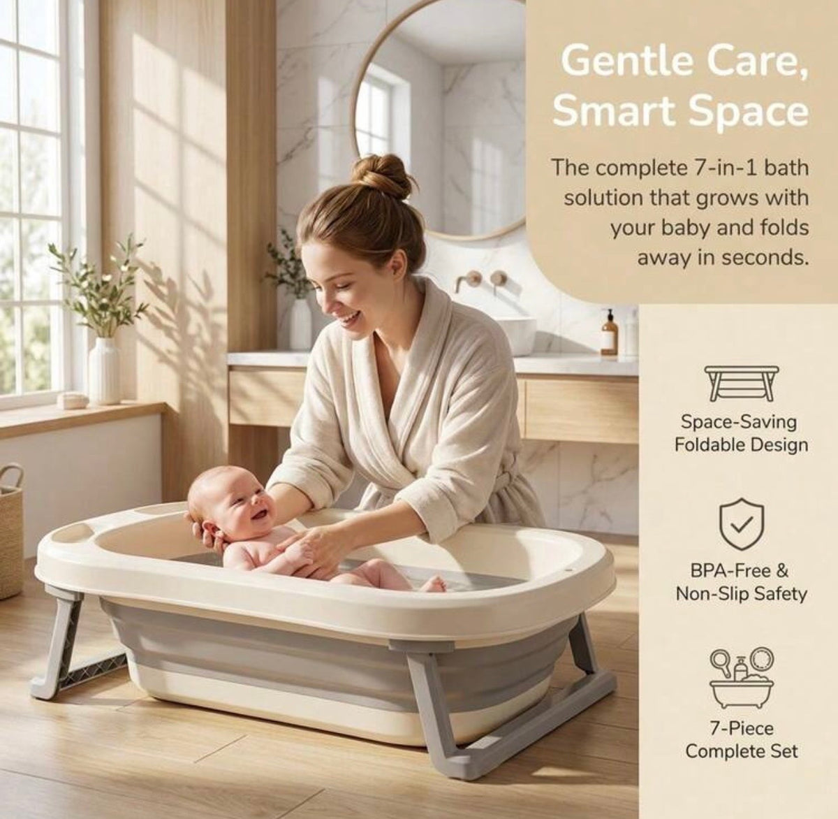 TidyMini™ HaloBath 7-in-1 Complete Baby Bath System — Foldable Bathtub with Newborn Support & Bath Accessories