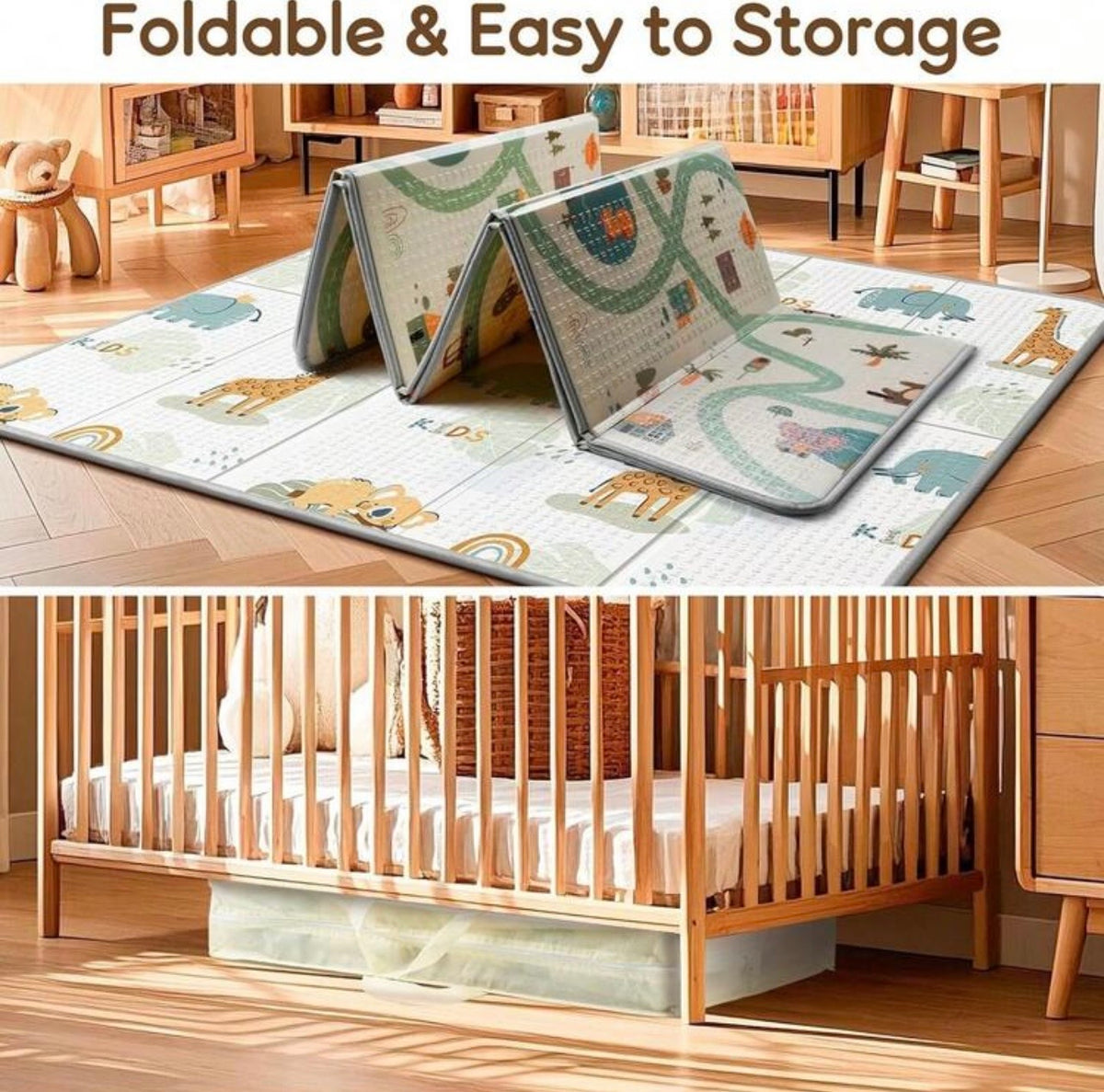 TidyMini™ CloudCrawl Double-Sided Foldable Baby Play Mat — Waterproof Cushioned XPE Crawling Mat, 79” × 71”