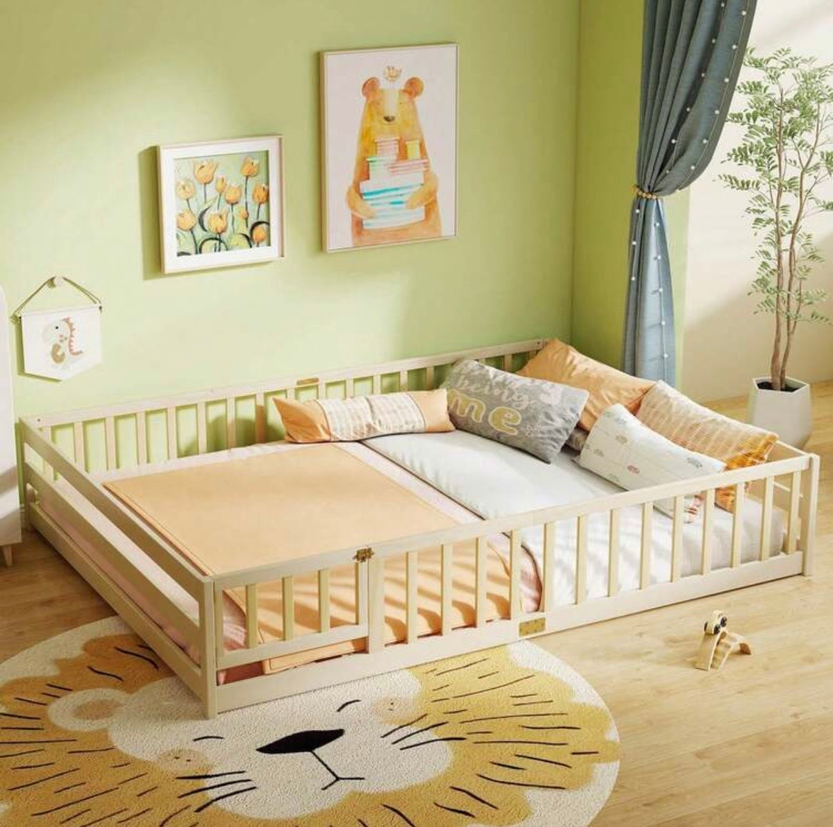 TidyMini DreamHaven™ Queen Floor Bed with Guardrails & Removable Door