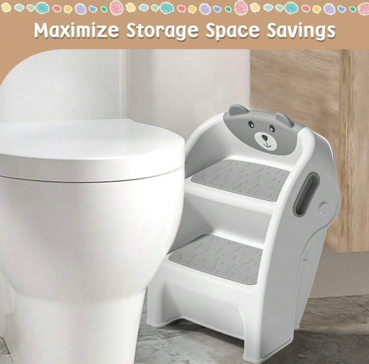 TidyMini StepUp Bear™ 2-Step Folding Toddler Stool with Anti-Slip Steps