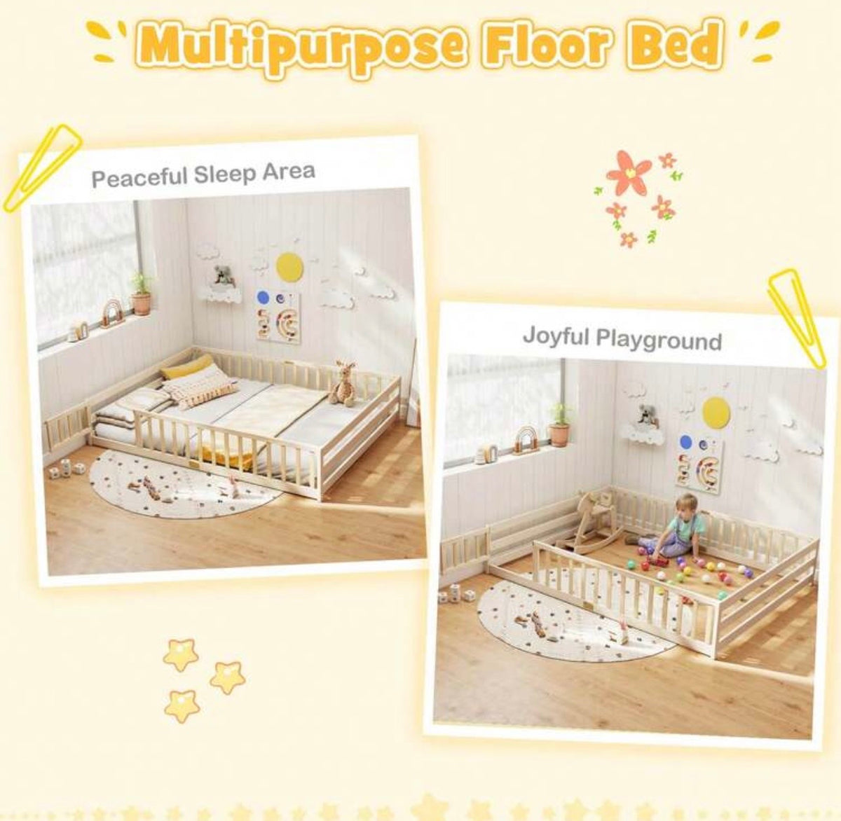 TidyMini DreamHaven™ Queen Floor Bed with Guardrails & Removable Door